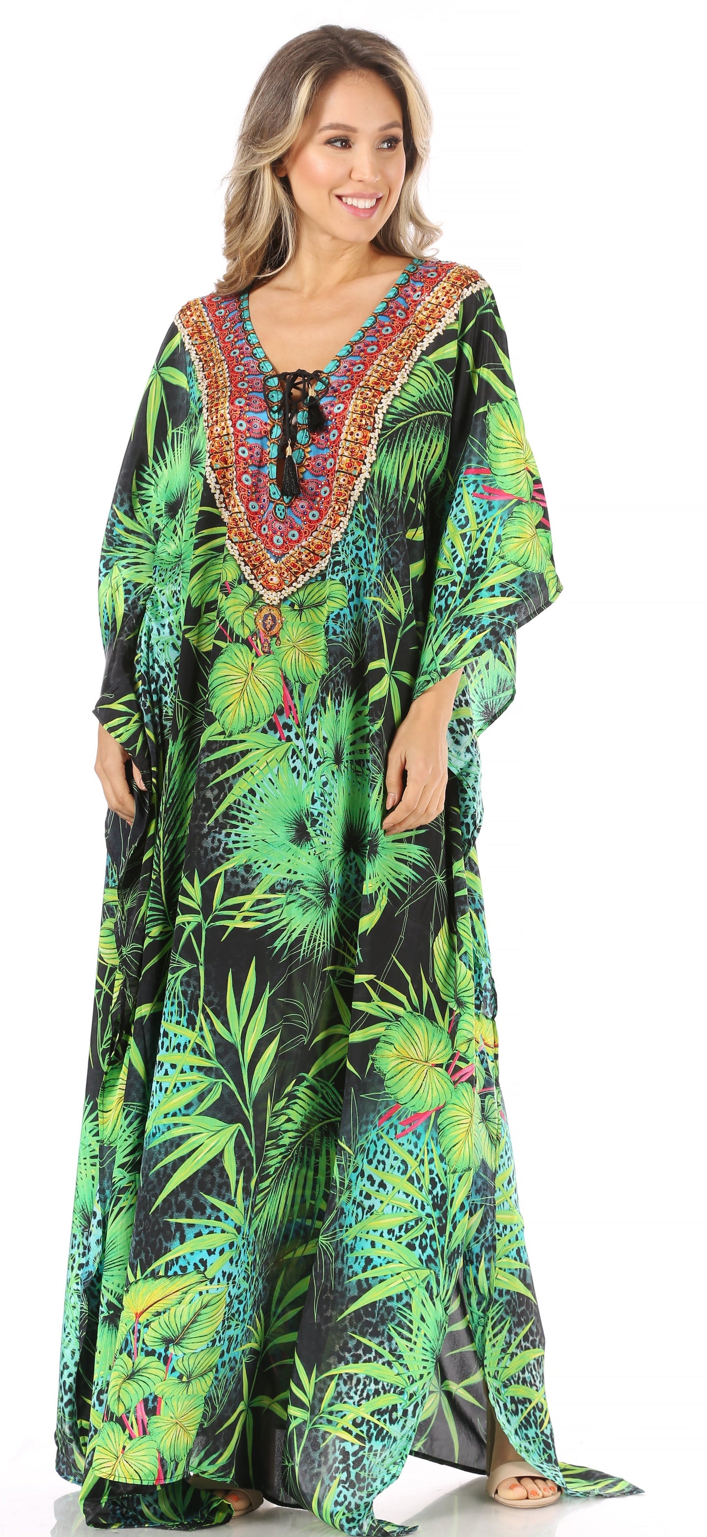 Sakkas Milanna Women's V neck Short Sleeve Vibrant Print Caftan Dress Cover-up - Concordia Style Boutique