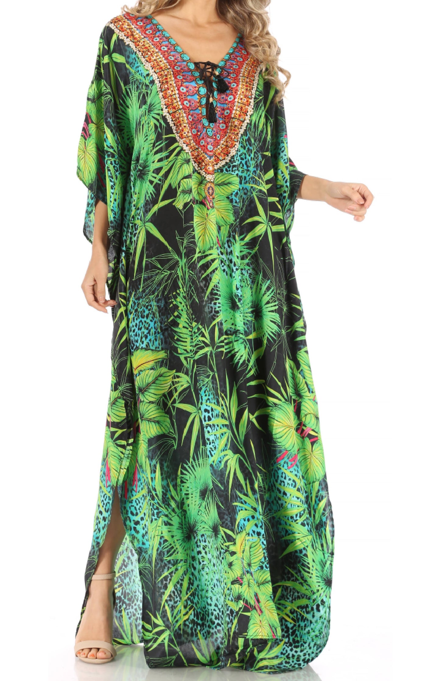 Sakkas Milanna Women's V neck Short Sleeve Vibrant Print Caftan Dress Cover-up - Concordia Style Boutique