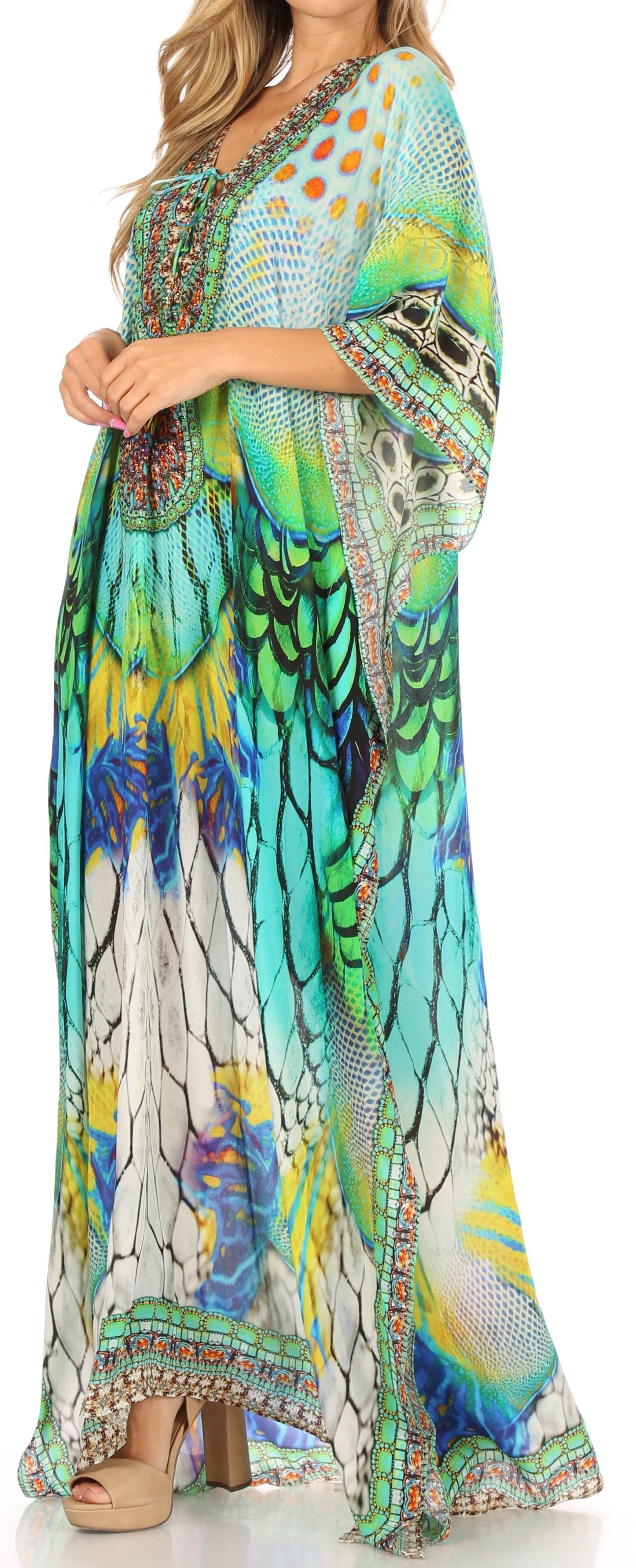 Sakkas Milanna Women's V neck Short Sleeve Vibrant Print Caftan Dress Cover-up - Concordia Style Boutique