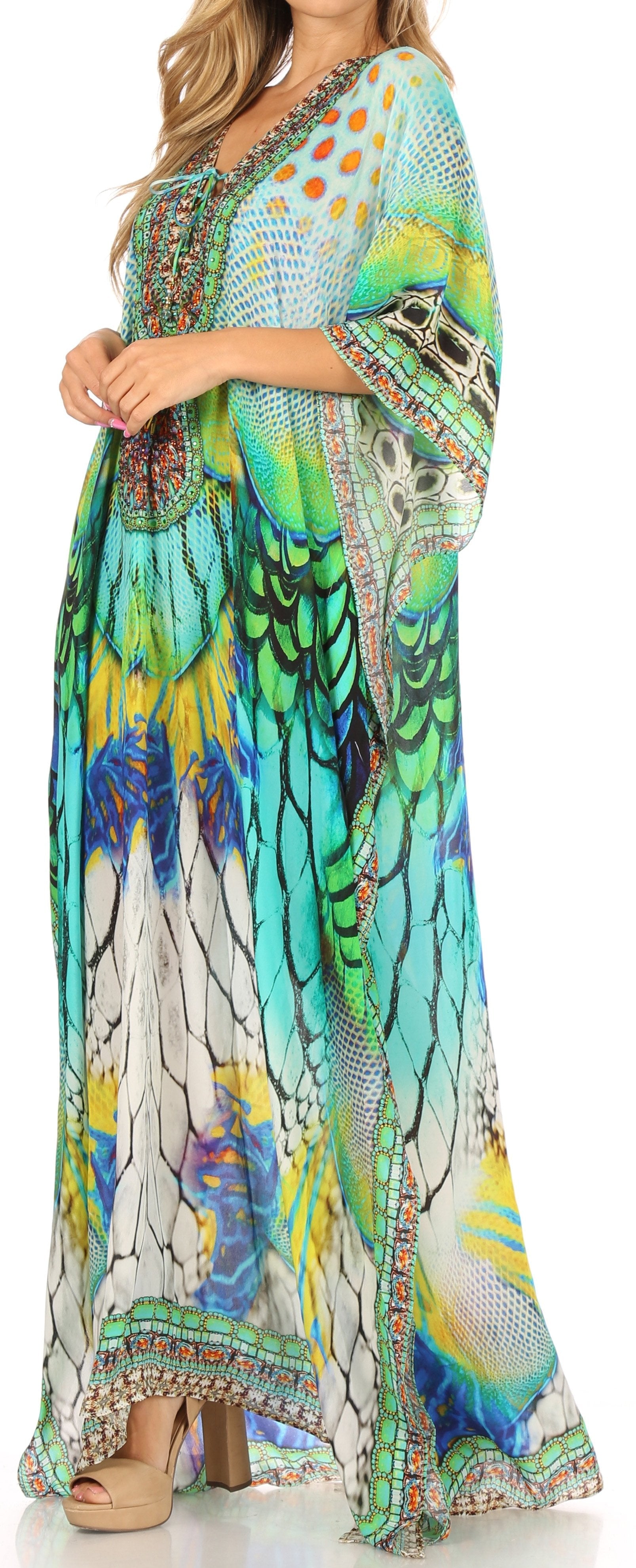 Sakkas Milanna Women's V neck Short Sleeve Vibrant Print Caftan Dress Cover-up - Concordia Style Boutique