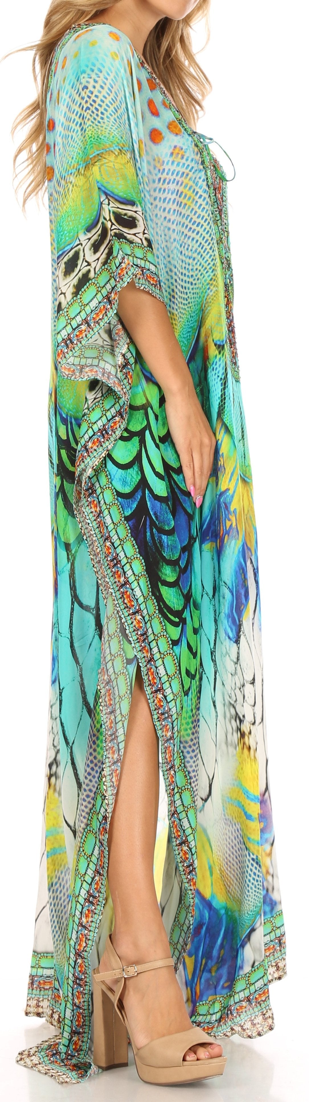 Sakkas Milanna Women's V neck Short Sleeve Vibrant Print Caftan Dress Cover-up - Concordia Style Boutique