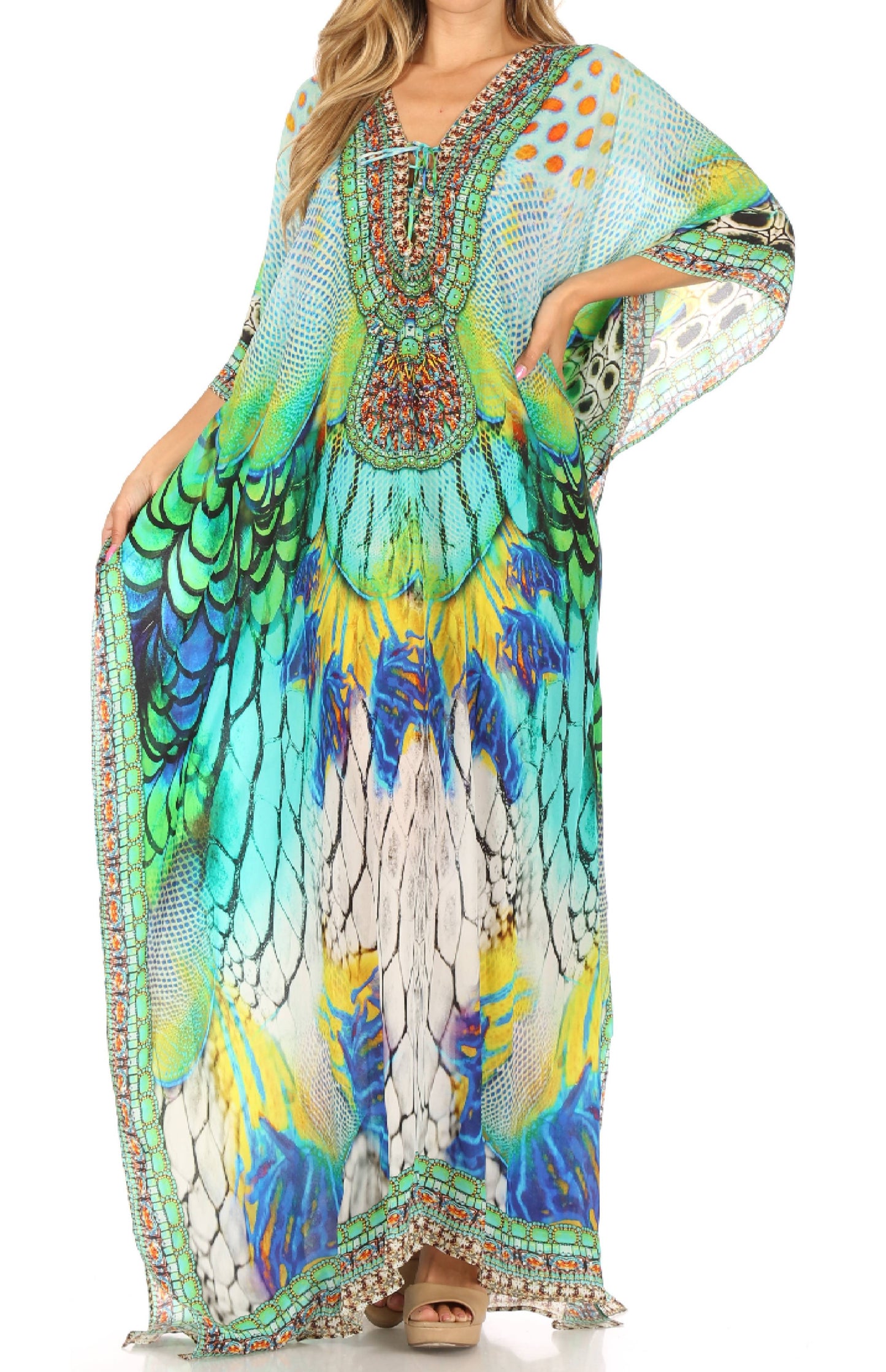 Sakkas Milanna Women's V neck Short Sleeve Vibrant Print Caftan Dress Cover-up - Concordia Style Boutique