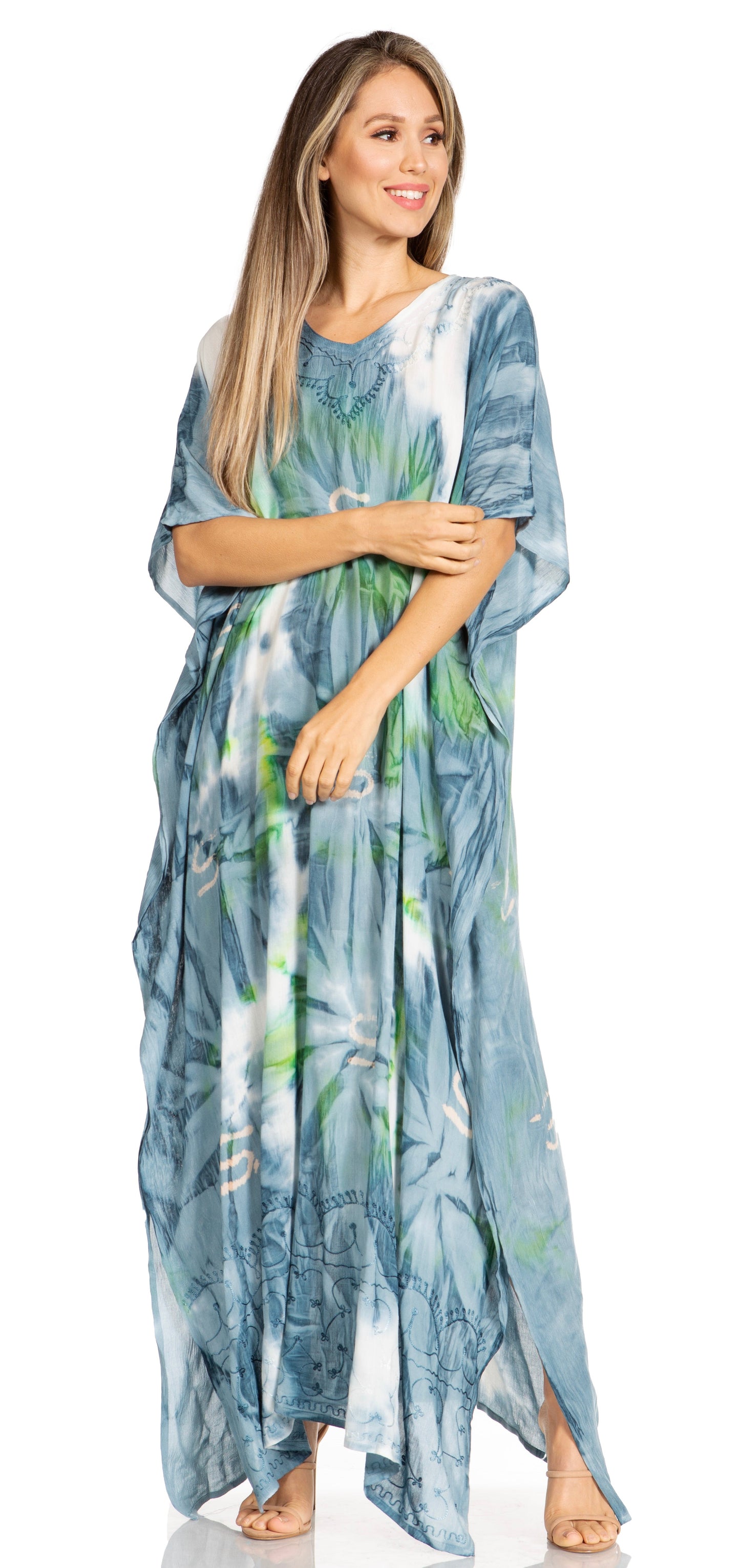 Sakkas Pilar Petite Women's Beach Maxi Caftan Dress in Short Sleeve Casual Style - Concordia Style Boutique