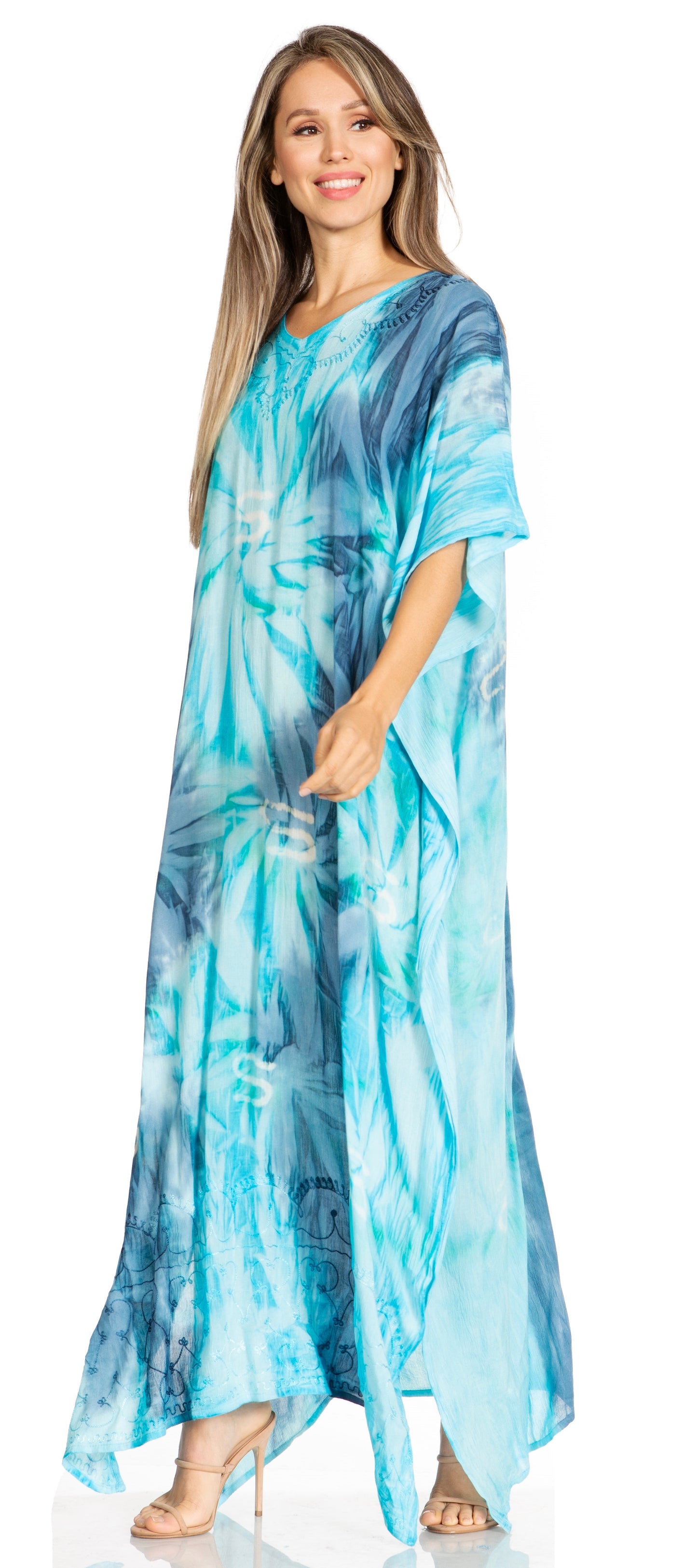 Sakkas Pilar Petite Women's Beach Maxi Caftan Dress in Short Sleeve Casual Style - Concordia Style Boutique