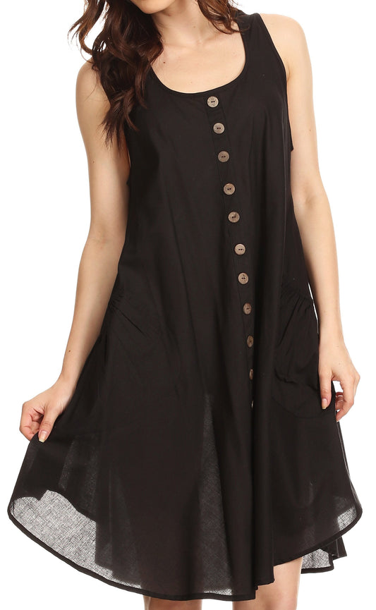 Sakkas Lina Mid Length Casual Summer Tent Swing Sleeveless Dress With Pockets - Concordia Style Boutique