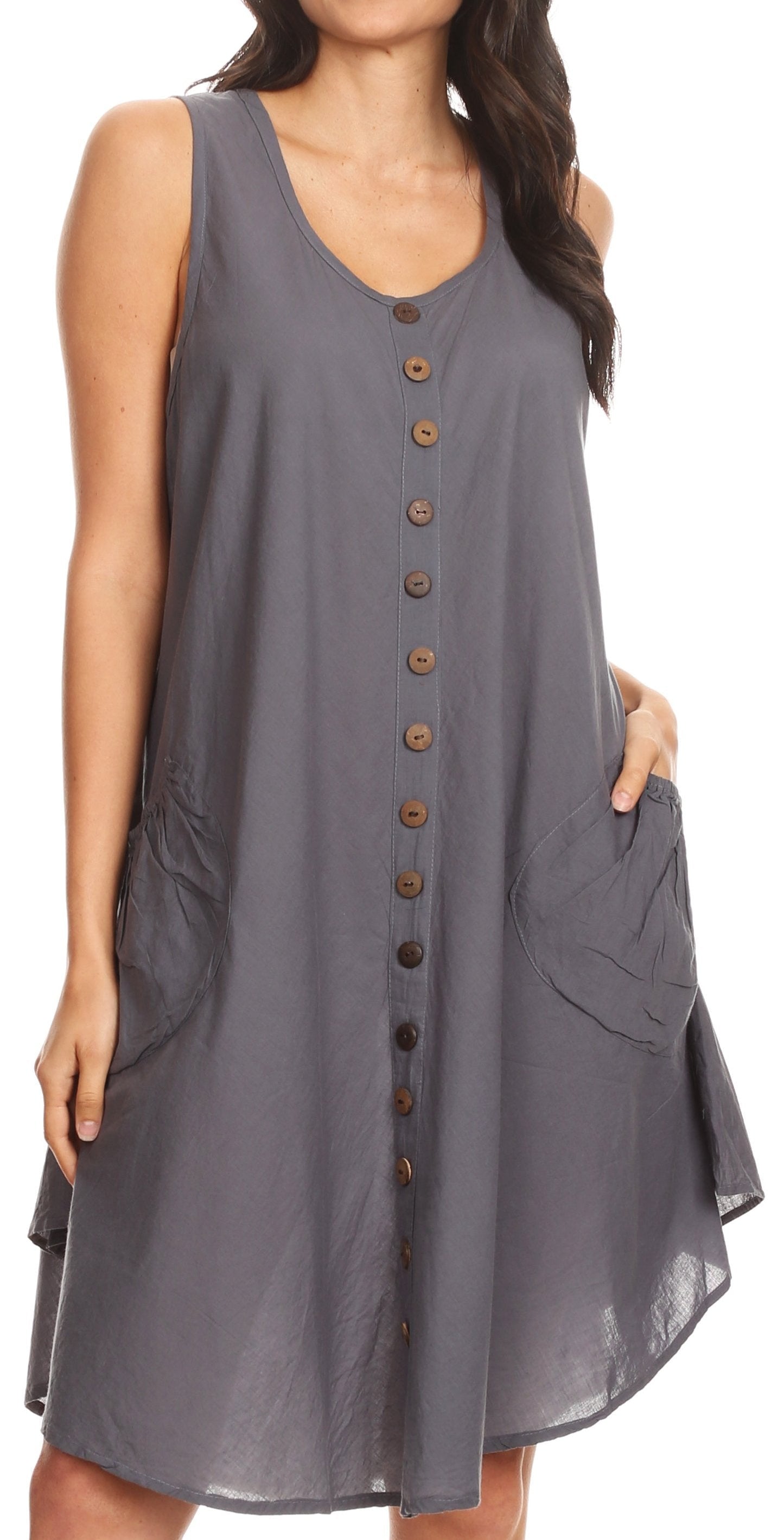 Sakkas Lina Mid Length Casual Summer Tent Swing Sleeveless Dress With Pockets - Concordia Style Boutique