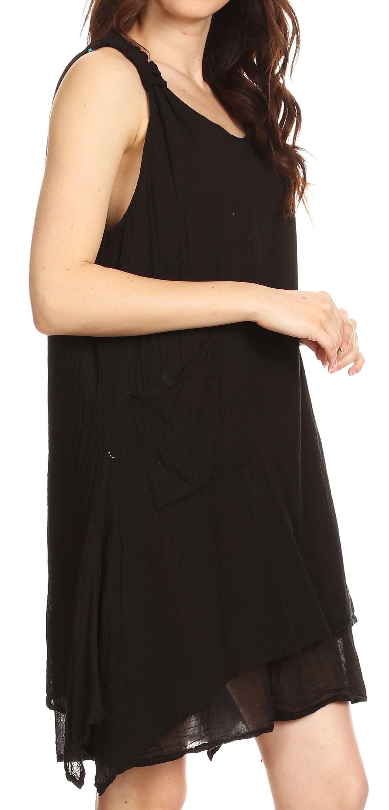 Sakkas Genna Two Layer Sleeveless Ruched Shoulder Straps Round Neck Tent Dress - Concordia Style Boutique