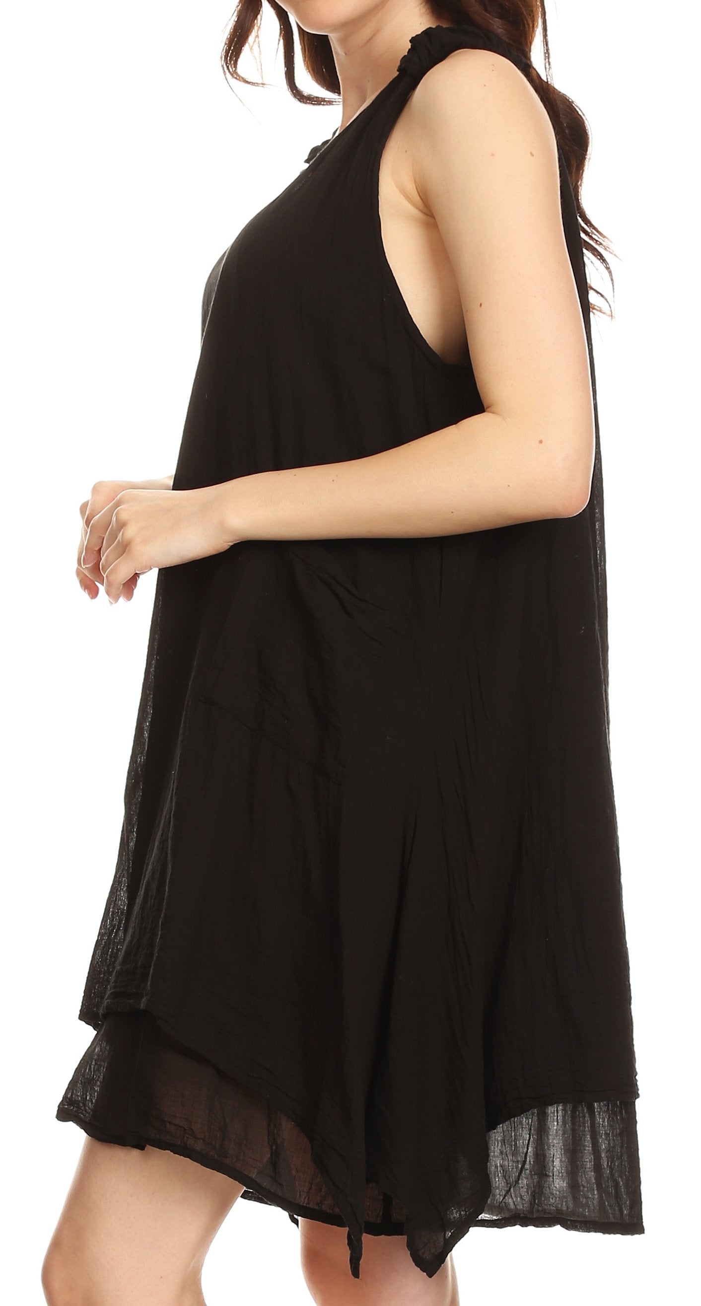 Sakkas Genna Two Layer Sleeveless Ruched Shoulder Straps Round Neck Tent Dress - Concordia Style Boutique