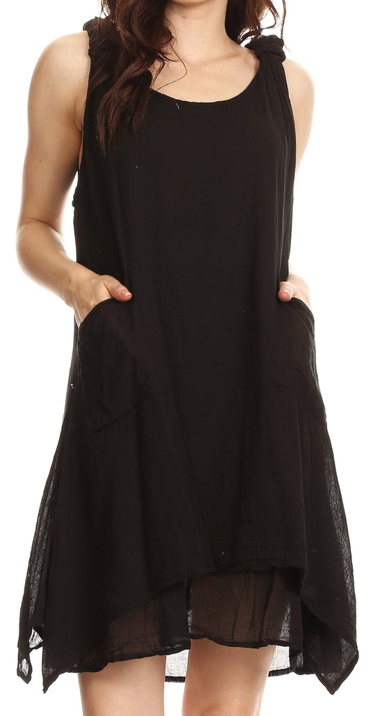 Sakkas Genna Two Layer Sleeveless Ruched Shoulder Straps Round Neck Tent Dress - Concordia Style Boutique