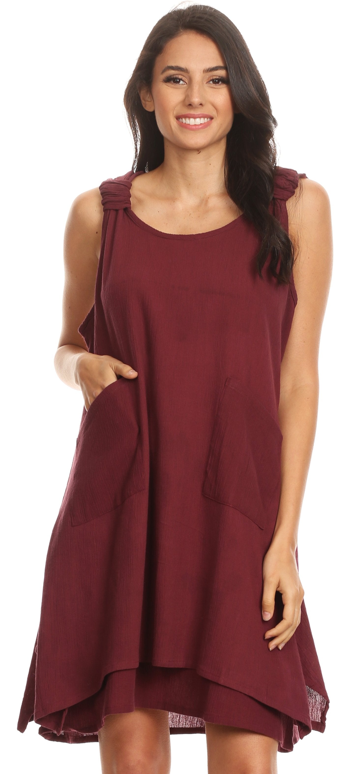 Sakkas Genna Two Layer Sleeveless Ruched Shoulder Straps Round Neck Tent Dress - Concordia Style Boutique