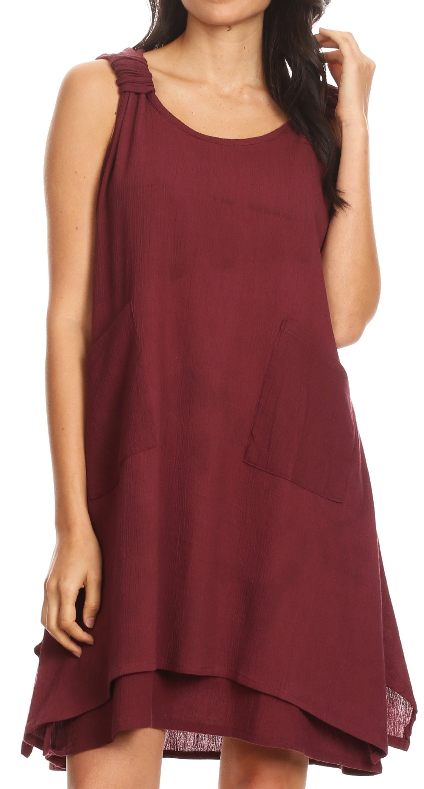 Sakkas Genna Two Layer Sleeveless Ruched Shoulder Straps Round Neck Tent Dress - Concordia Style Boutique