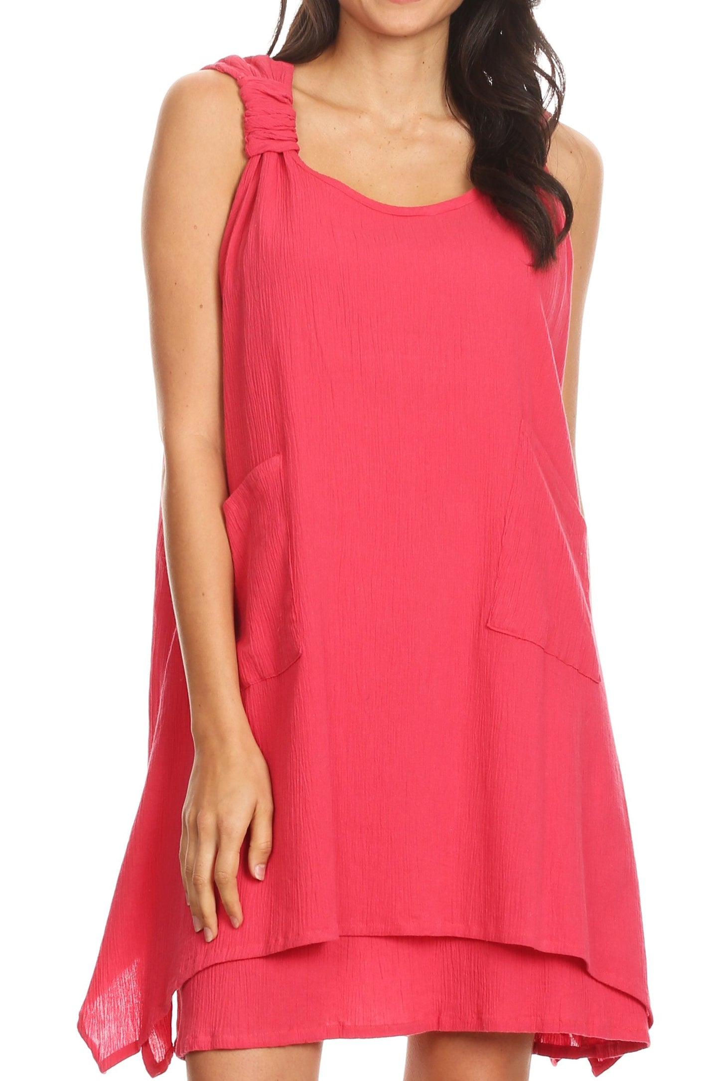Sakkas Genna Two Layer Sleeveless Ruched Shoulder Straps Round Neck Tent Dress - Concordia Style Boutique