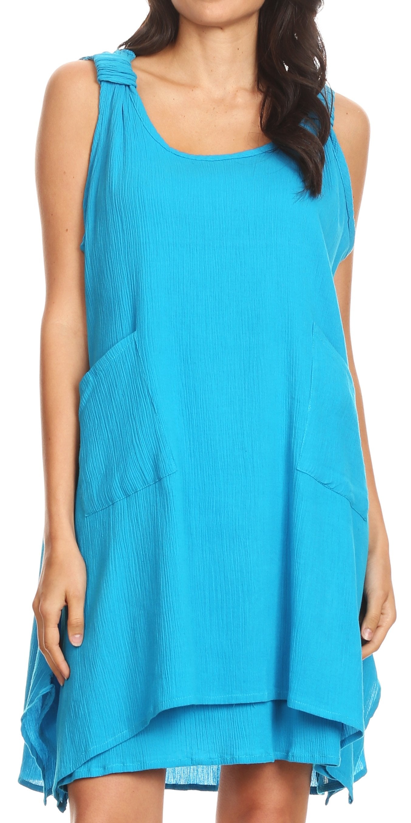 Sakkas Genna Two Layer Sleeveless Ruched Shoulder Straps Round Neck Tent Dress - Concordia Style Boutique