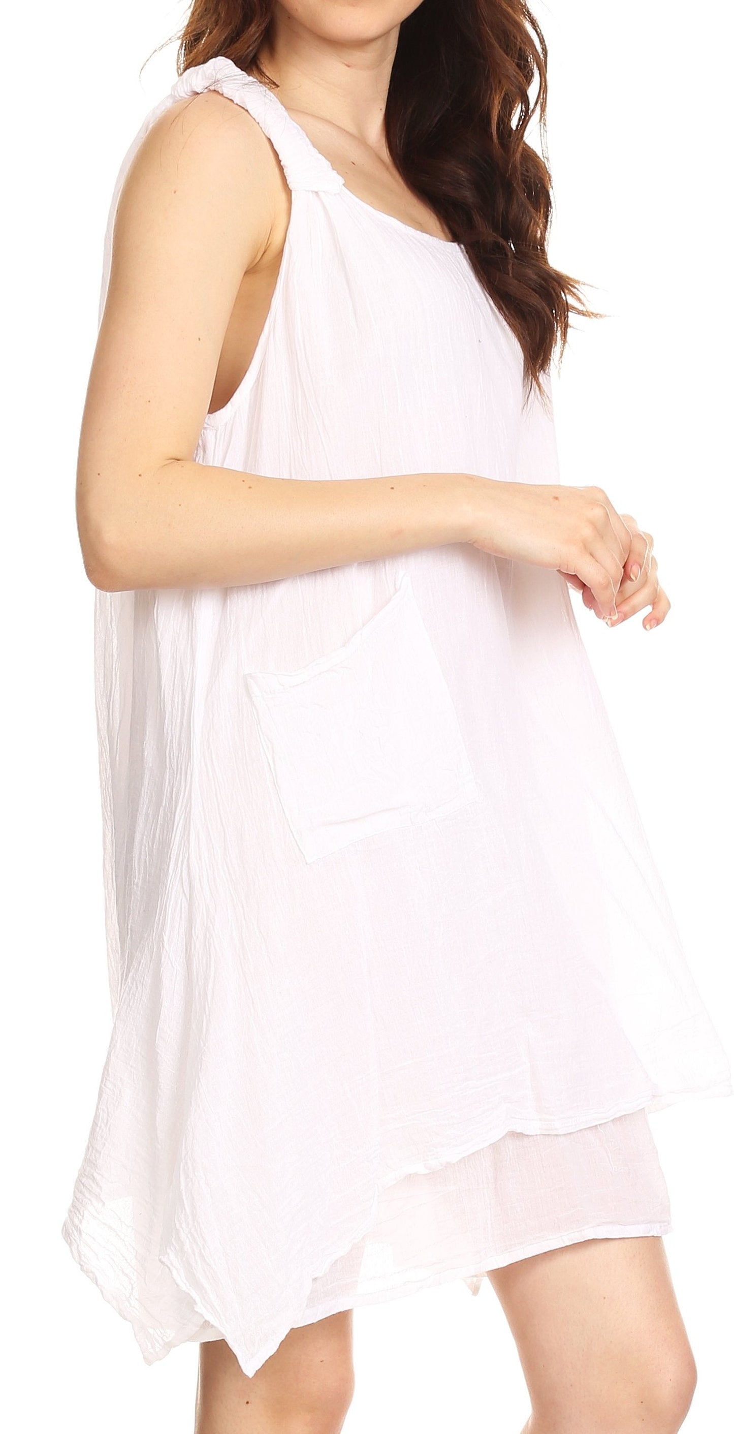 Sakkas Genna Two Layer Sleeveless Ruched Shoulder Straps Round Neck Tent Dress - Concordia Style Boutique