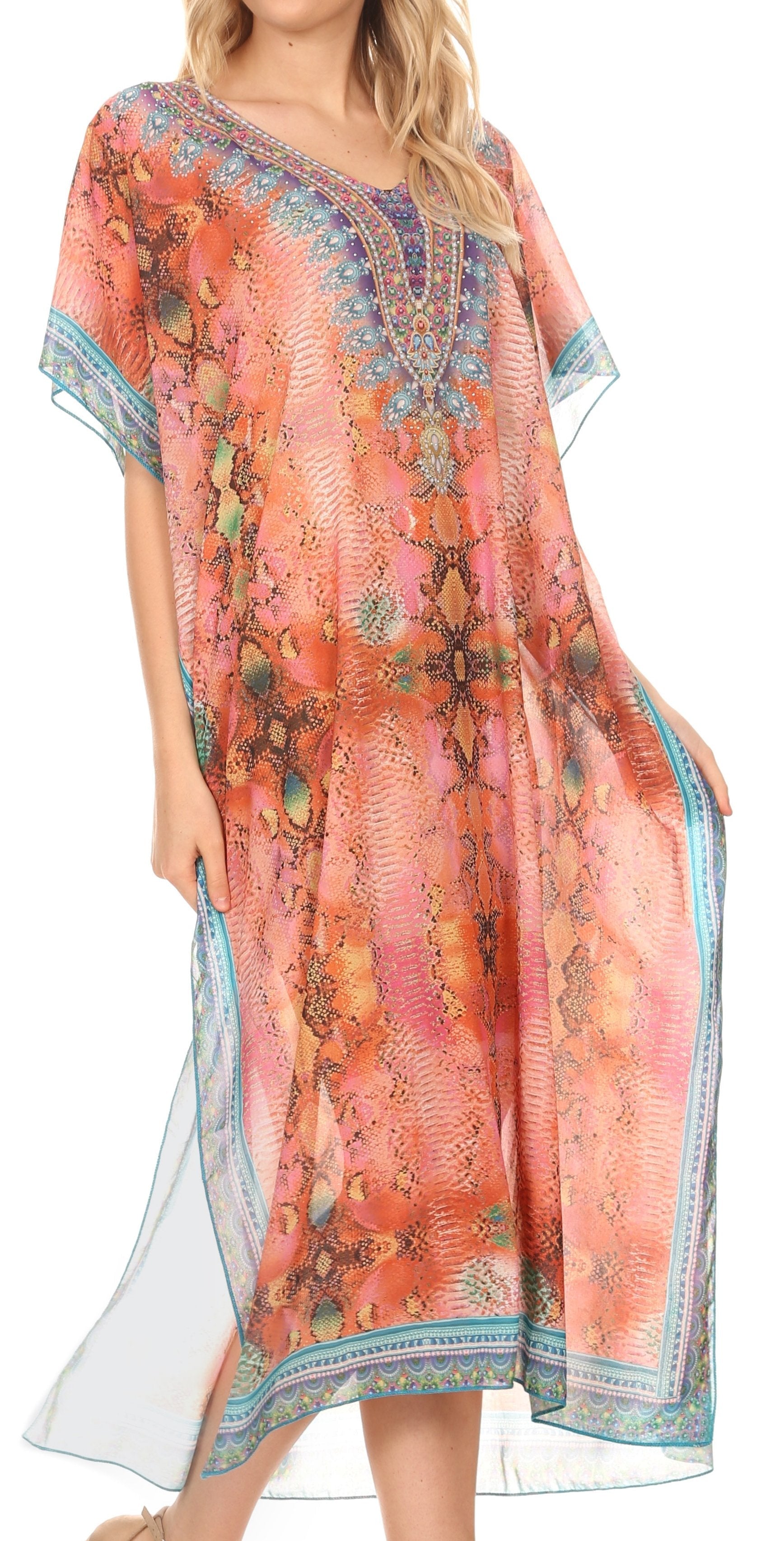 MKY Astryd Women's Flowy Maxi Long Caftan Dress Cover Up with Rhinestone - Concordia Style Boutique