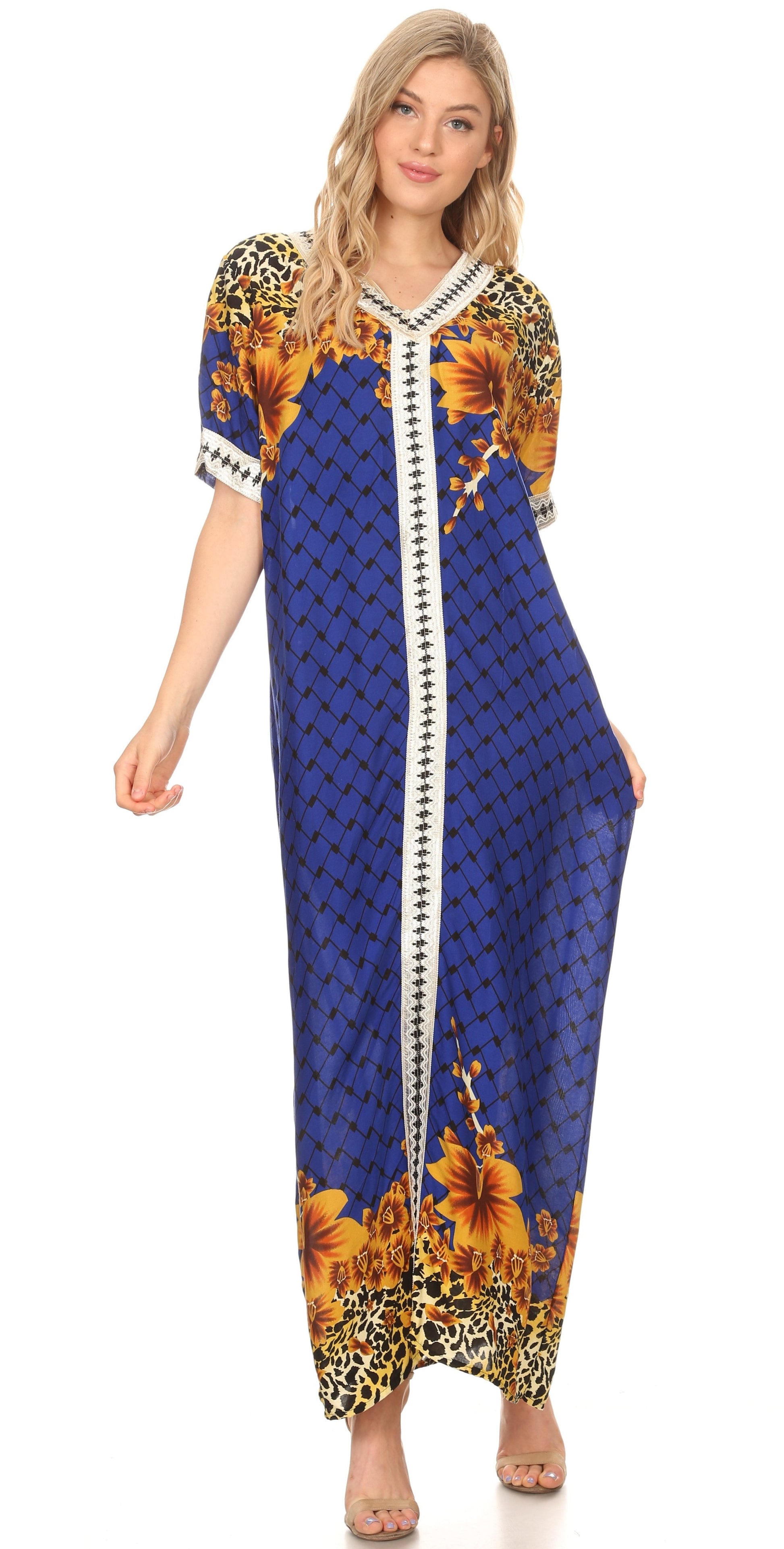 Sakkas Sabra Womens Long Casual Cover-up Tunic Kaftan V neck Dress - Concordia Style Boutique
