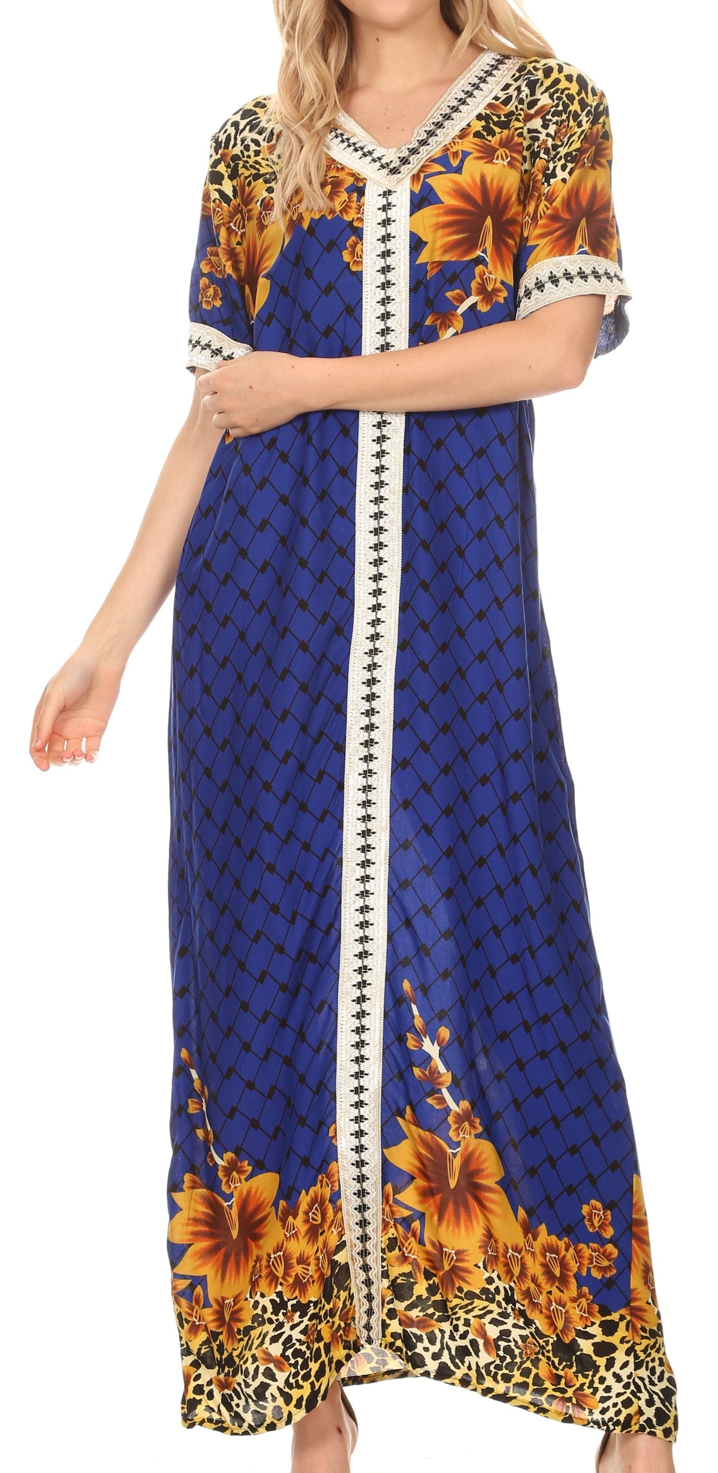 Sakkas Sabra Womens Long Casual Cover-up Tunic Kaftan V neck Dress - Concordia Style Boutique