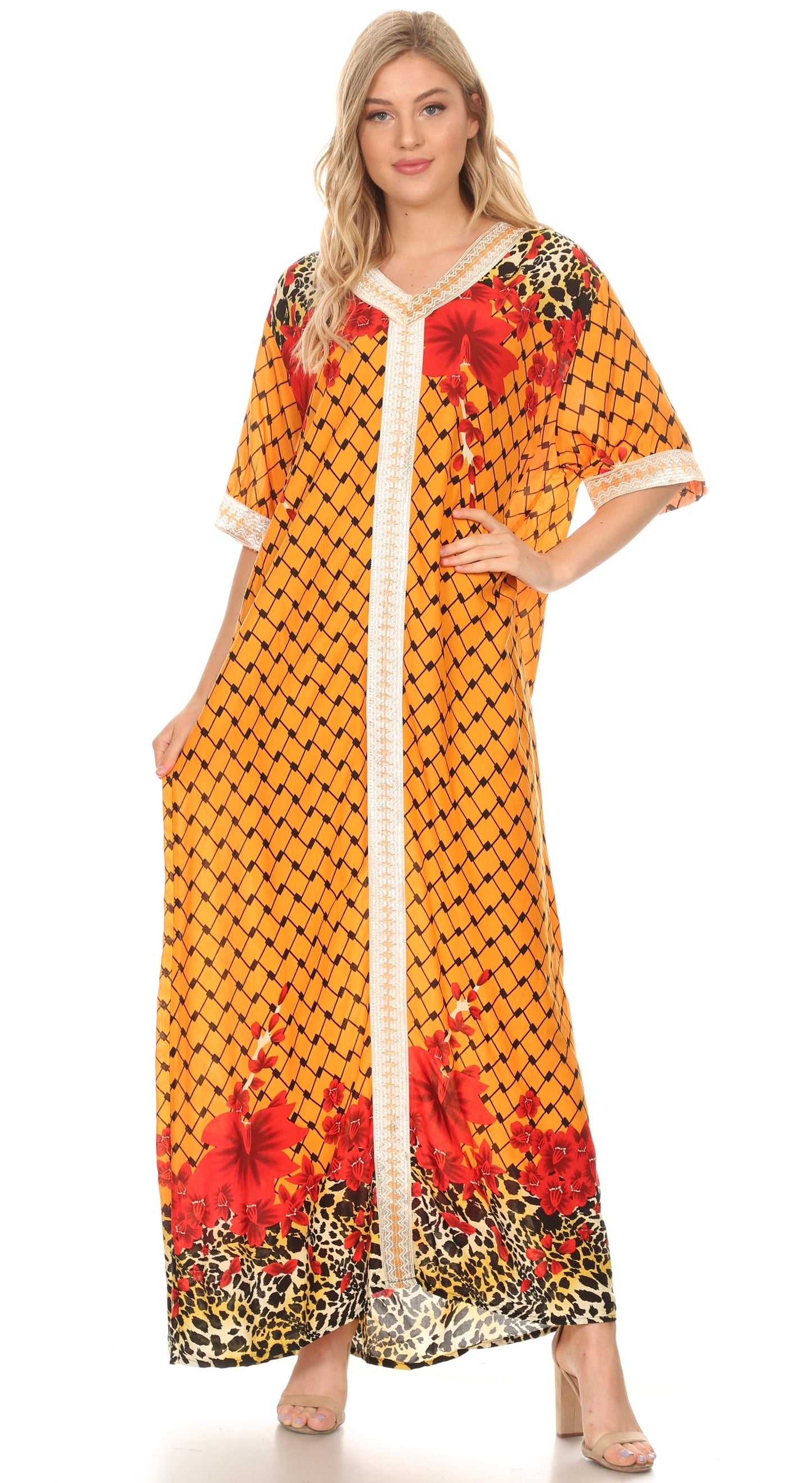 Sakkas Sabra Womens Long Casual Cover-up Tunic Kaftan V neck Dress - Concordia Style Boutique