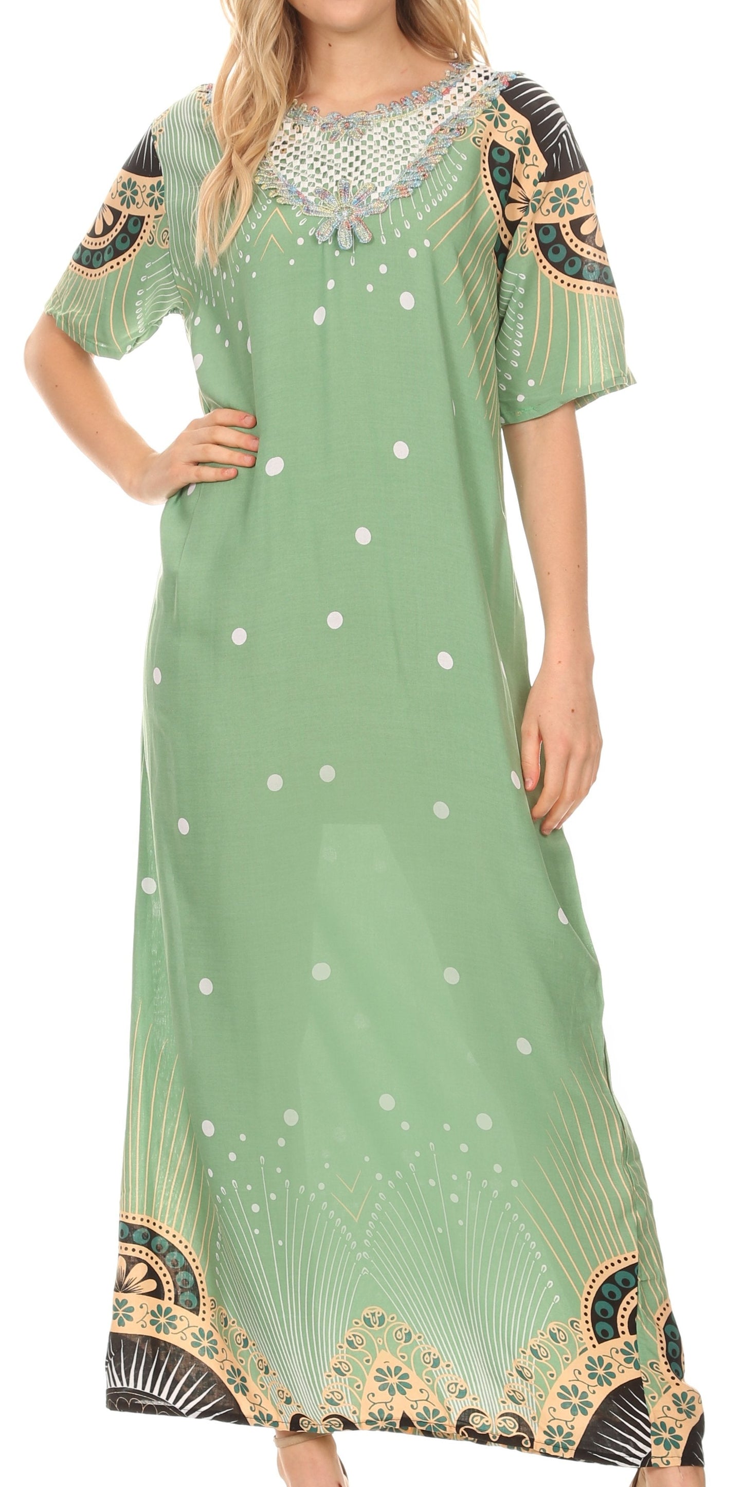 Sakkas Sabra Womens Long Casual Cover-up Tunic Kaftan V neck Dress - Concordia Style Boutique