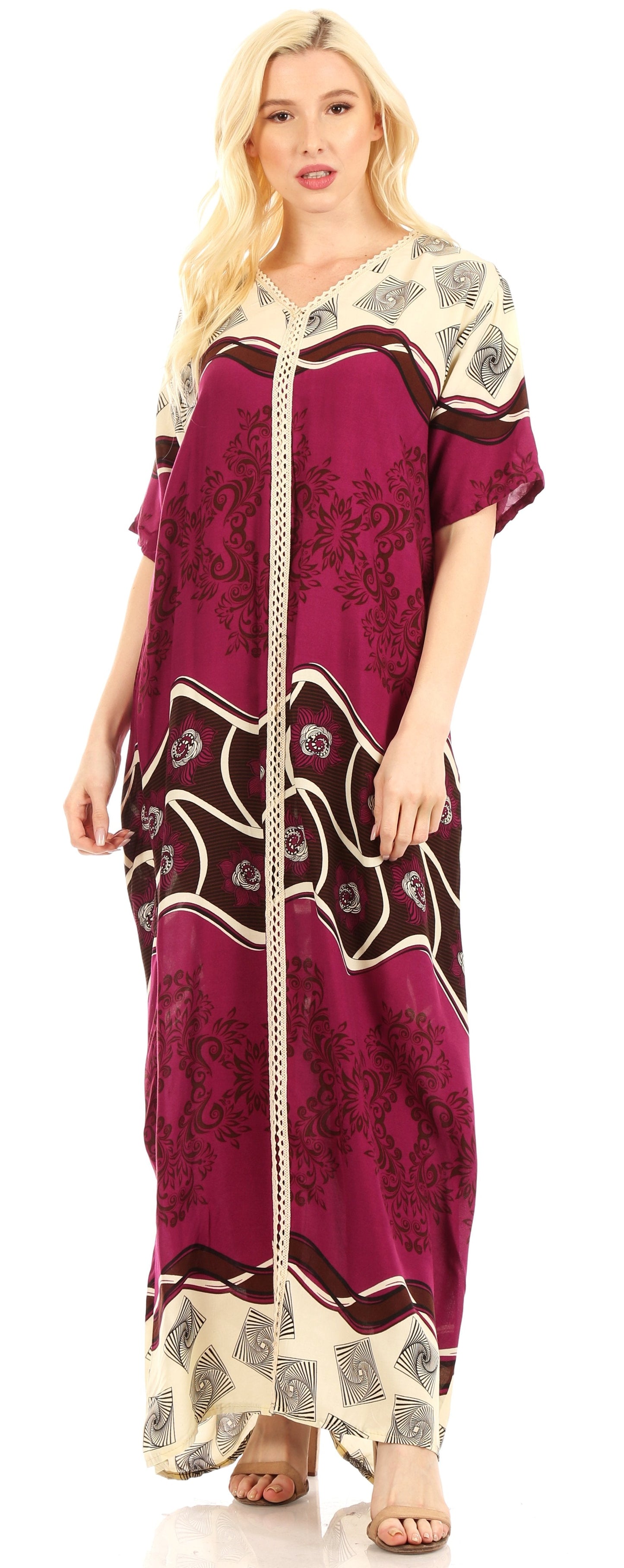 Sakkas Sabra Womens Long Casual Cover-up Tunic Kaftan V neck Dress - Concordia Style Boutique