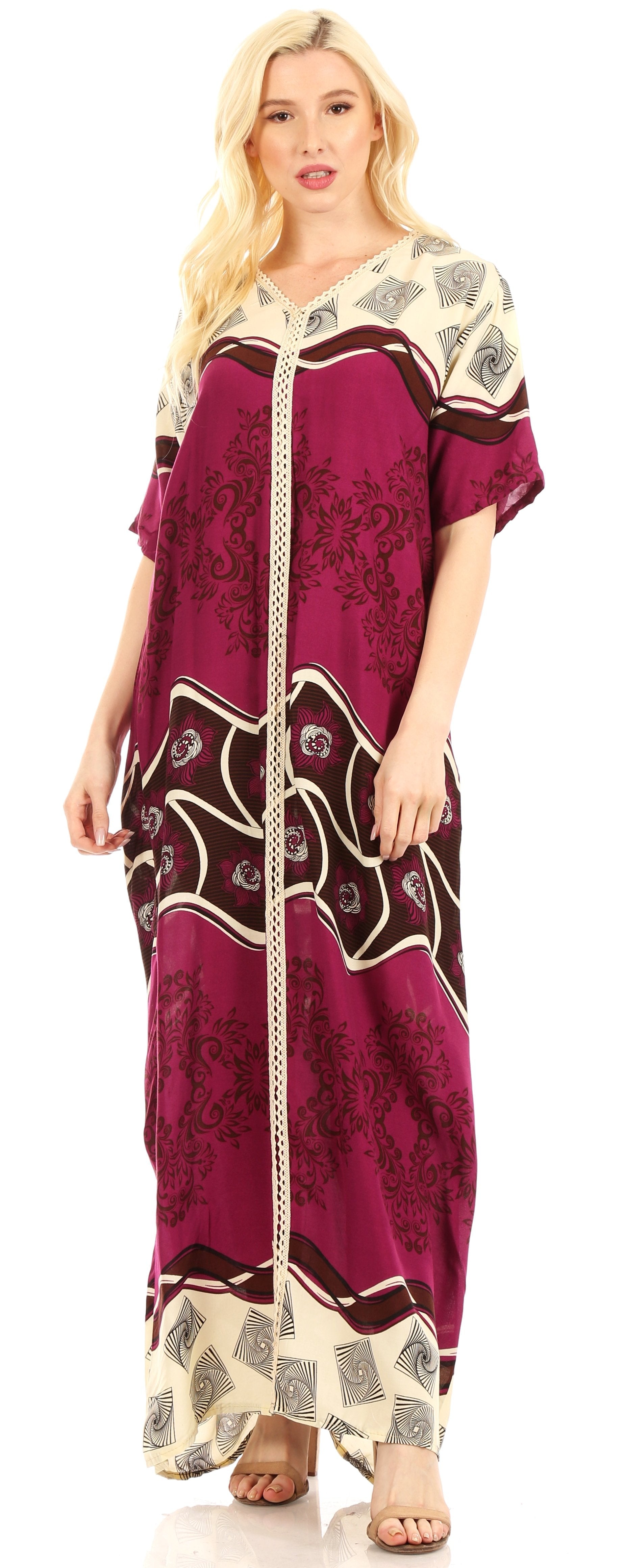 Sakkas Sabra Womens Long Casual Cover-up Tunic Kaftan V neck Dress - Concordia Style Boutique