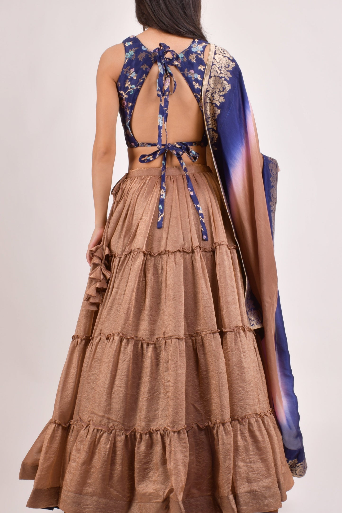 Duna Brownish Gold Tiered Lehenga Choli Set