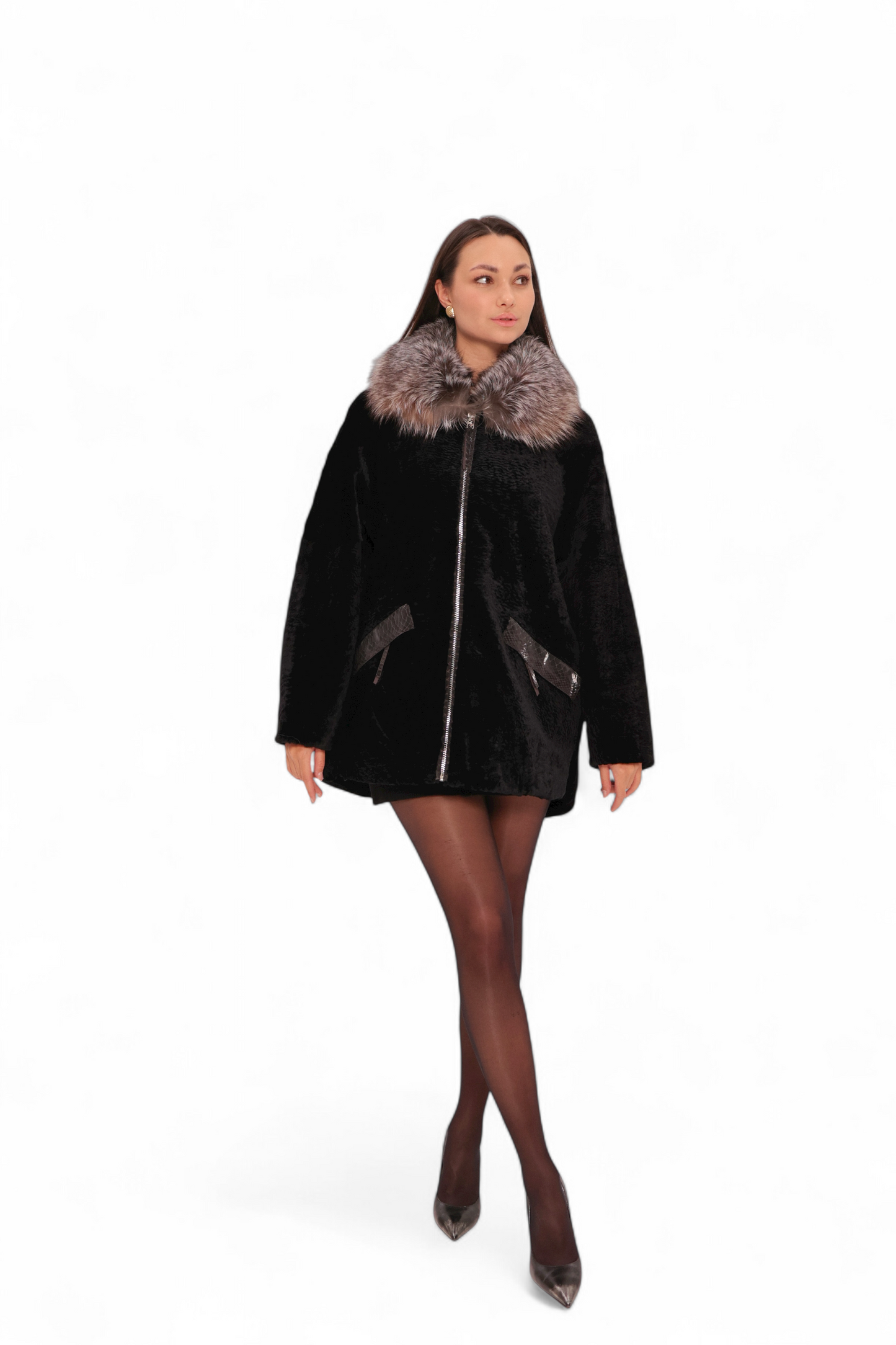 Palermo Genuine Astrakhan Silver Fox Trim Coat