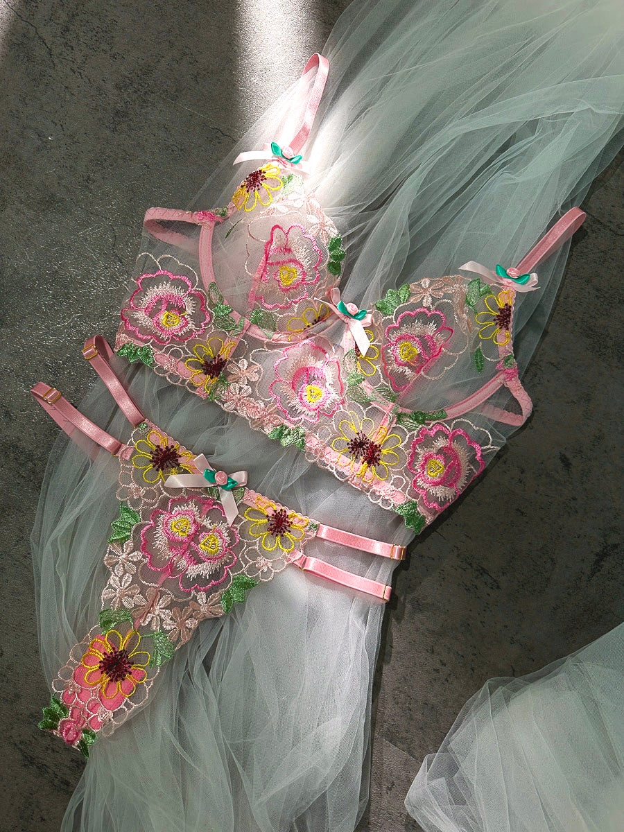 Pink Floral Embroidery Lingerie Set - Concordia Style Boutique