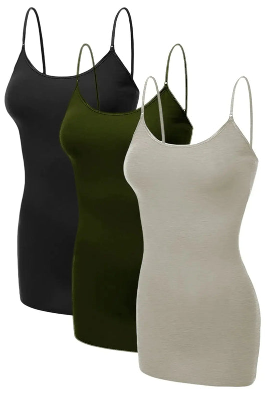 Emmalise Women's Basic Casual Long Camisole Adjustable Strap Cami Layering Top | Black, Oatmeal, Olive - Concordia Style Boutique