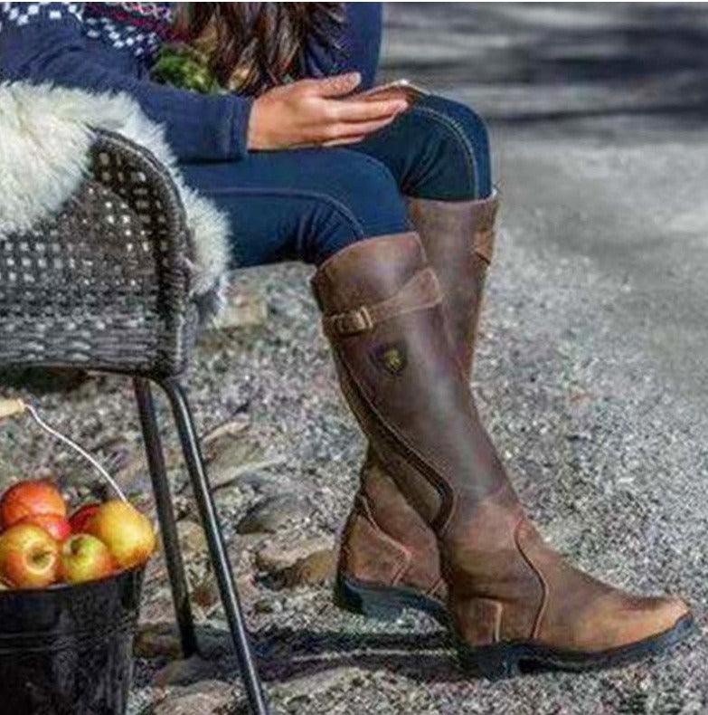 Vintage Ride Leather Boots - Stylish Retro Riding Boots for Trendy Women