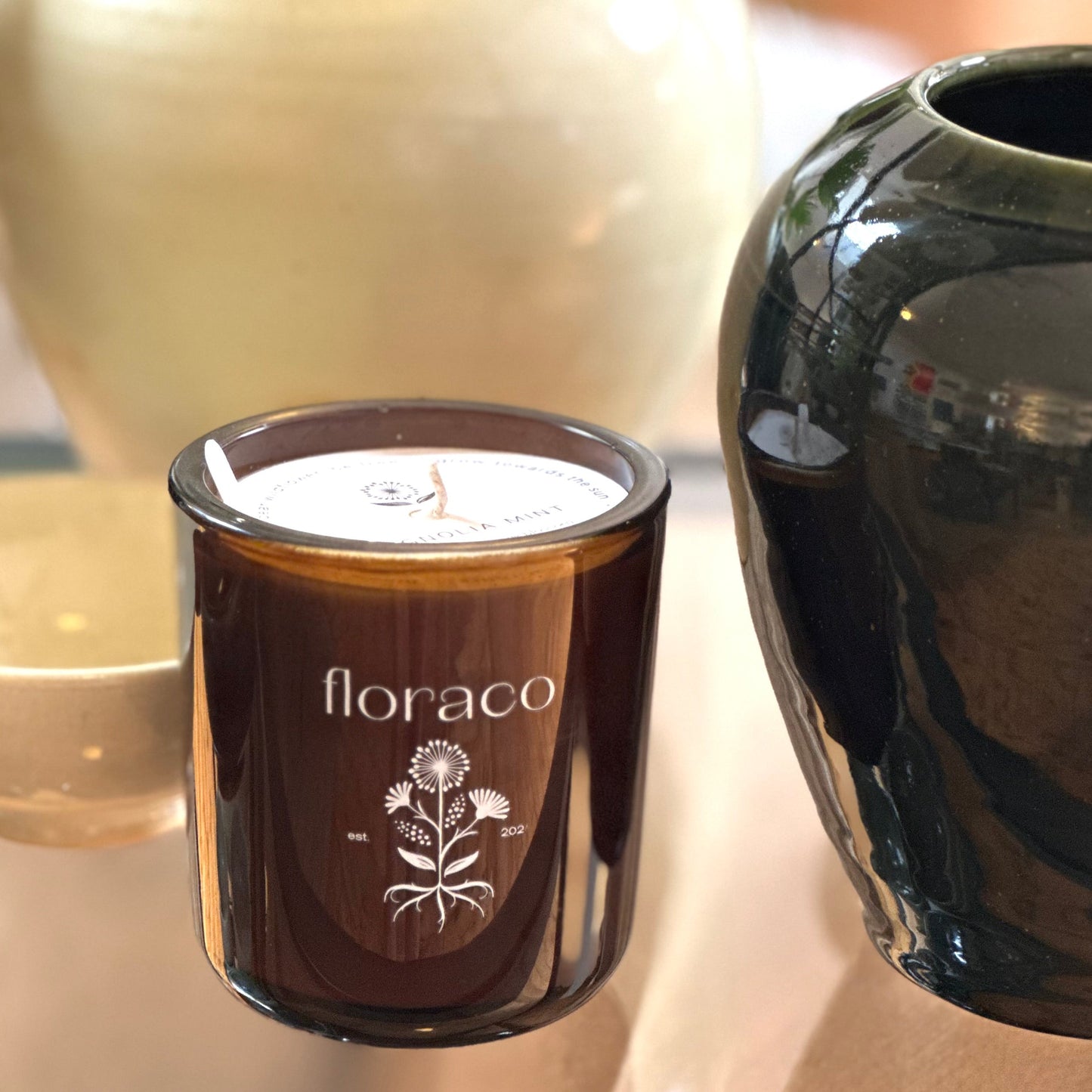 Candle Magnolia Mint Amber Glass: Wild Mint, Orange Blossom, Eucalyptus, Lemon, Mint + Tomato Leaf Scented
