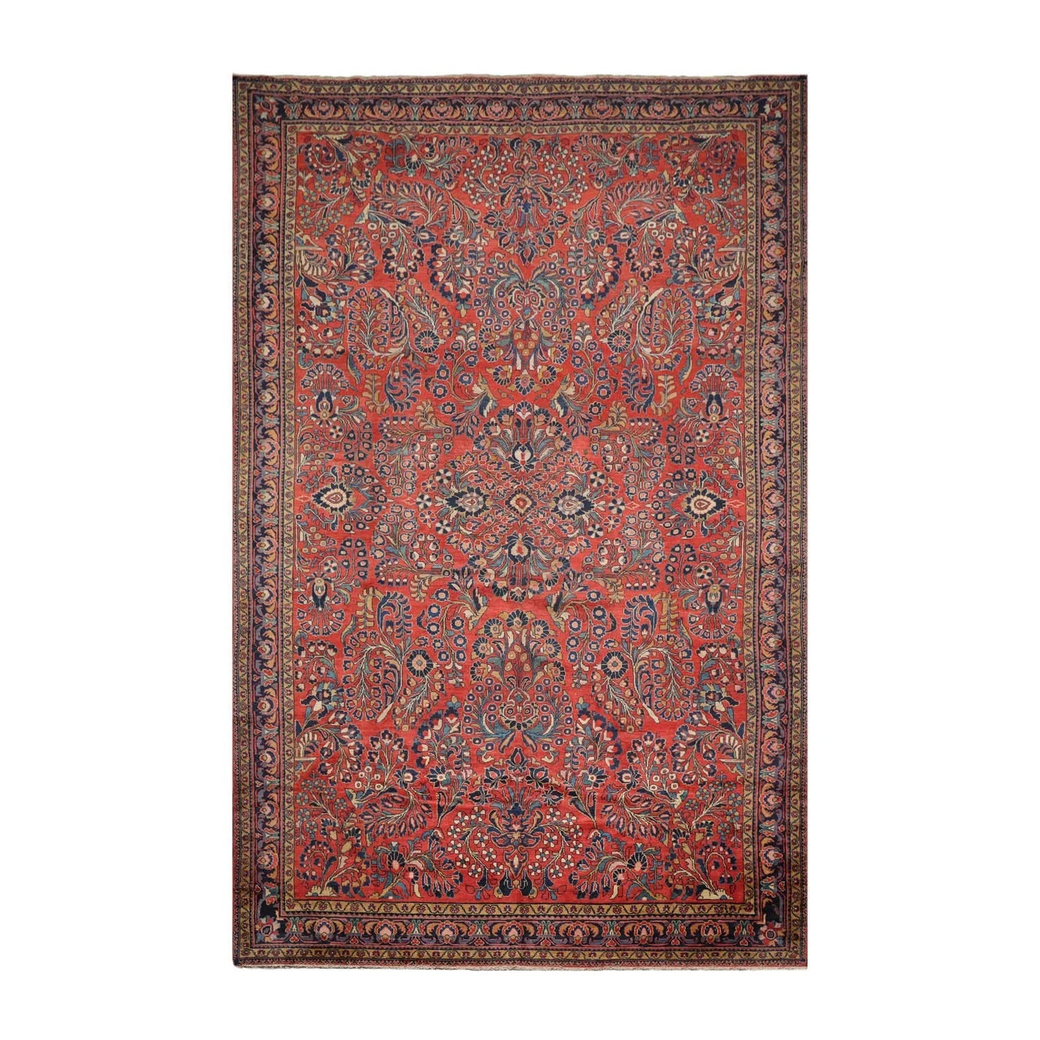 10'4''x16'3'' Burnt Orange, Navy Palace Hand Knotted 100% Wool Vintage Palace Lilihan Traditional Oriental Area Rug - Concordia Style Boutique