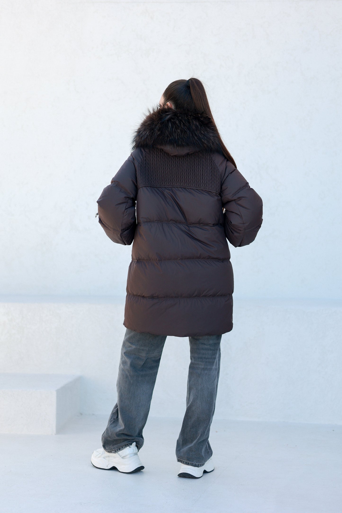 Celeste Genuine Fur Trim Down Fill Coat in Fig