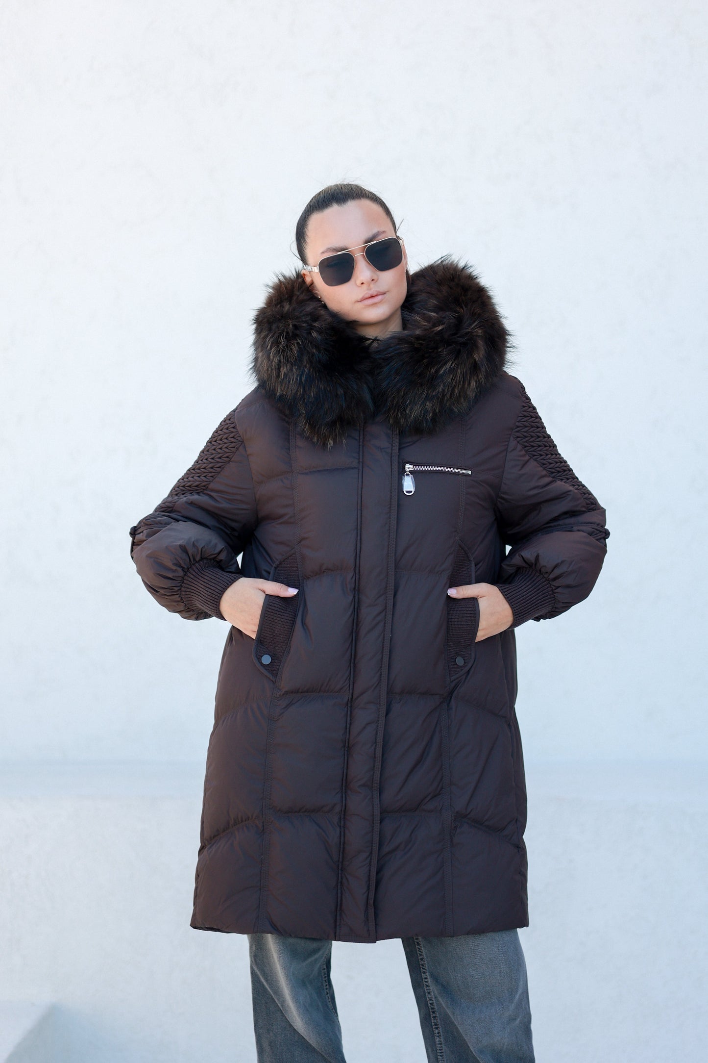 Dakota Genuine Fur Trim Down Fill Coat in Chocolate