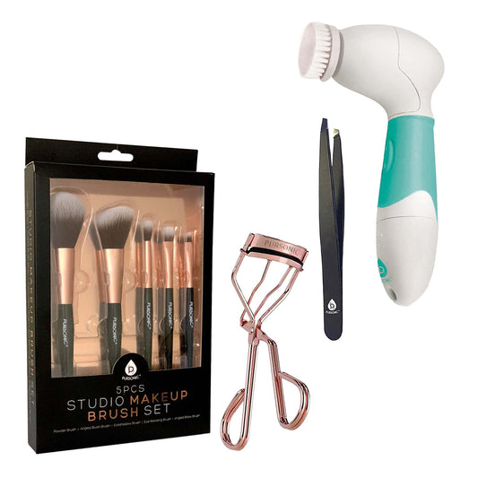 Pursonic Beauty Essentials Bundle - Advanced Facial and Body Cleansing Brush, Studio Makeup Brush Set, Slant Tip Tweezer, and Eyelash Curler - Concordia Style Boutique