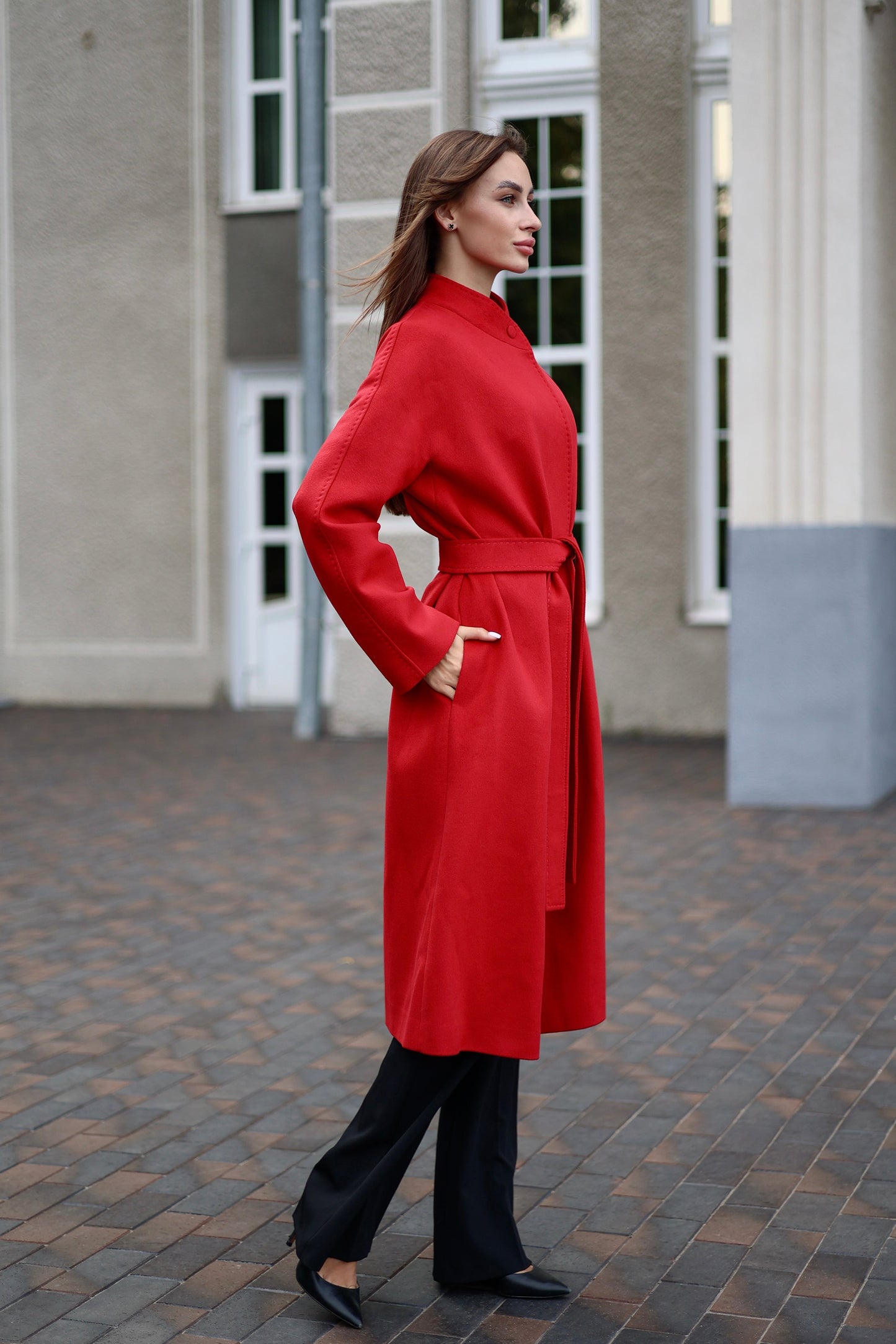 Band Collar Wool Blend Coat in Autumn Red