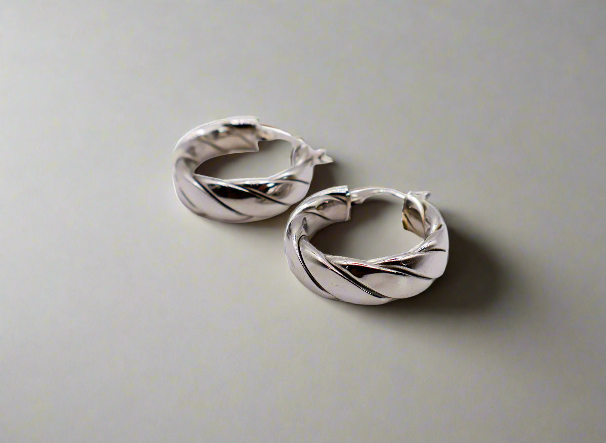 Italian Twisted Texture Silver Hoop Earrings