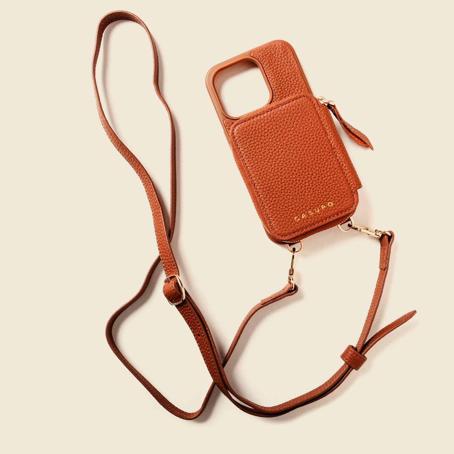 iPhone Case and Wallet with Long Strap - Tan