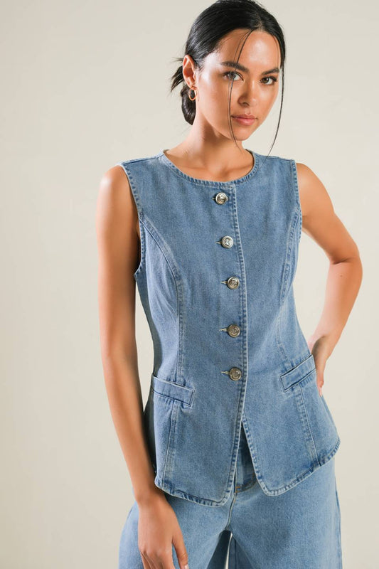 ADVENTURE AWAITS DENIM VEST - Concordia Style Boutique