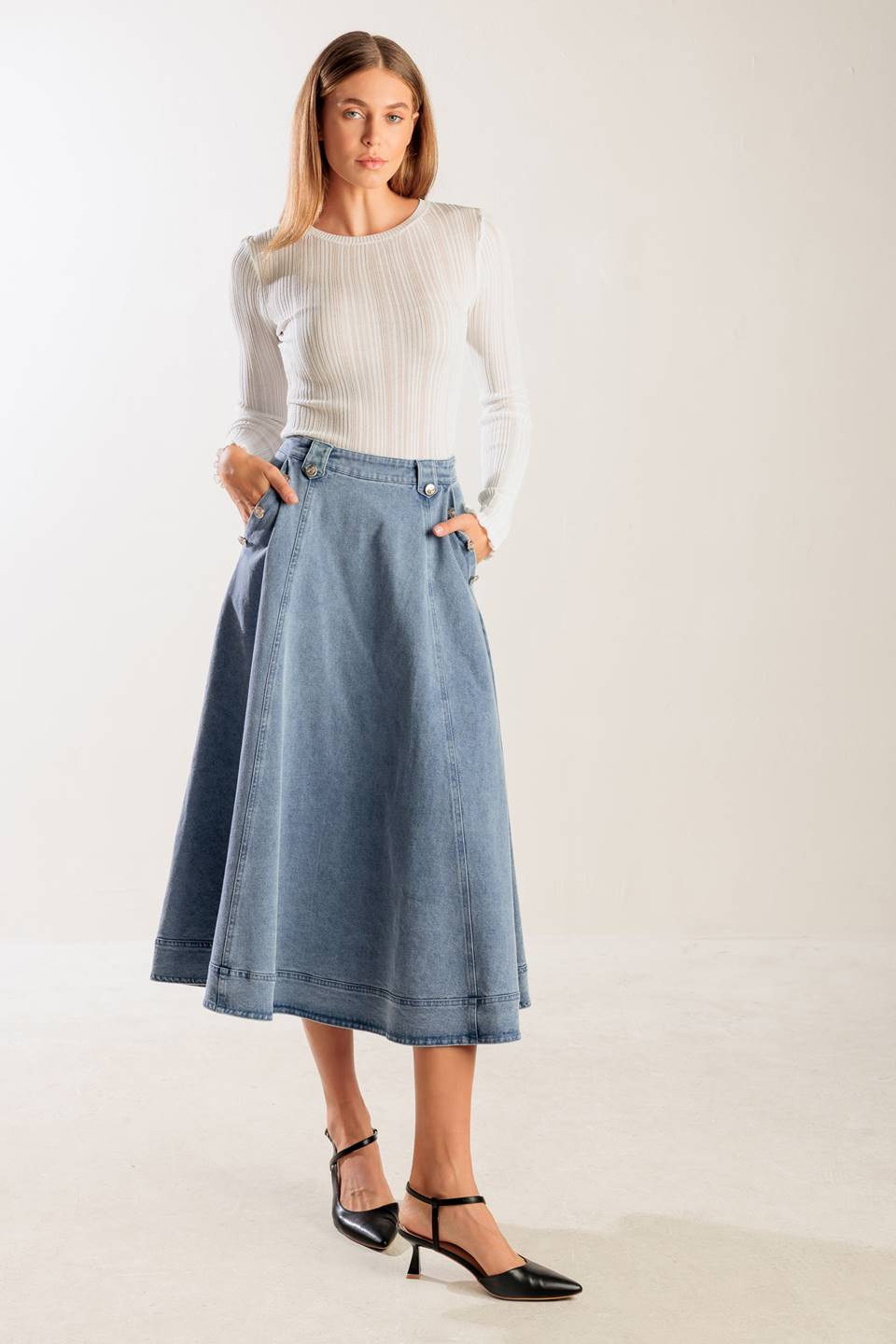 AT FIRST GLANCE DENIM MIDI SKIRT - Concordia Style Boutique
