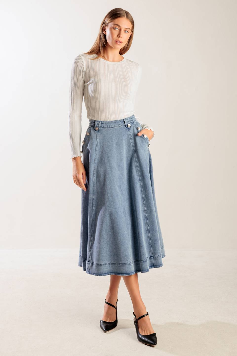 AT FIRST GLANCE DENIM MIDI SKIRT - Concordia Style Boutique