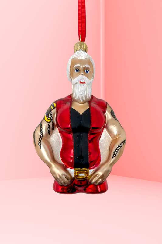Full Throttle Santa Glass Christmas Ornament