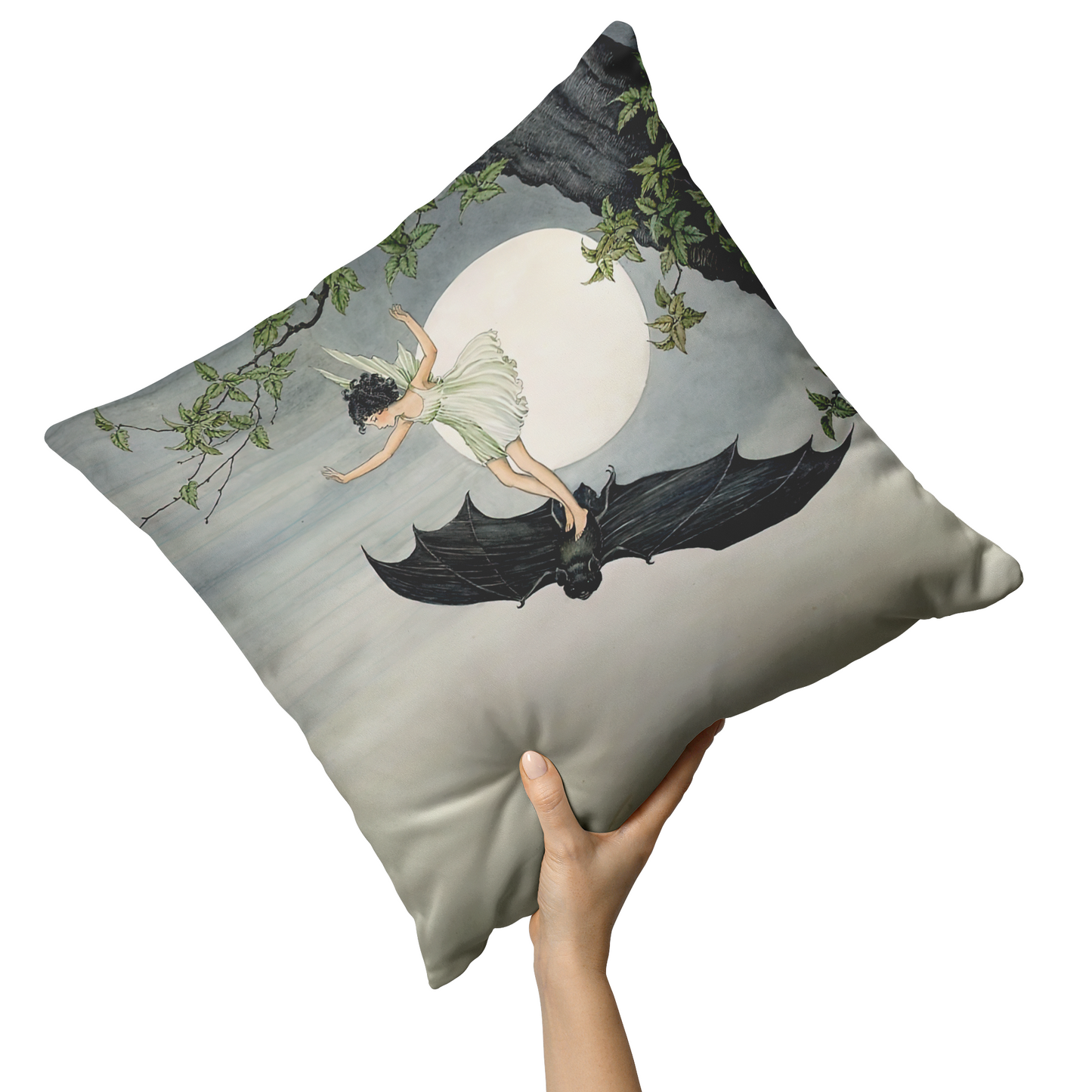 "Fairy Riding a Bat" Throw Pillow
