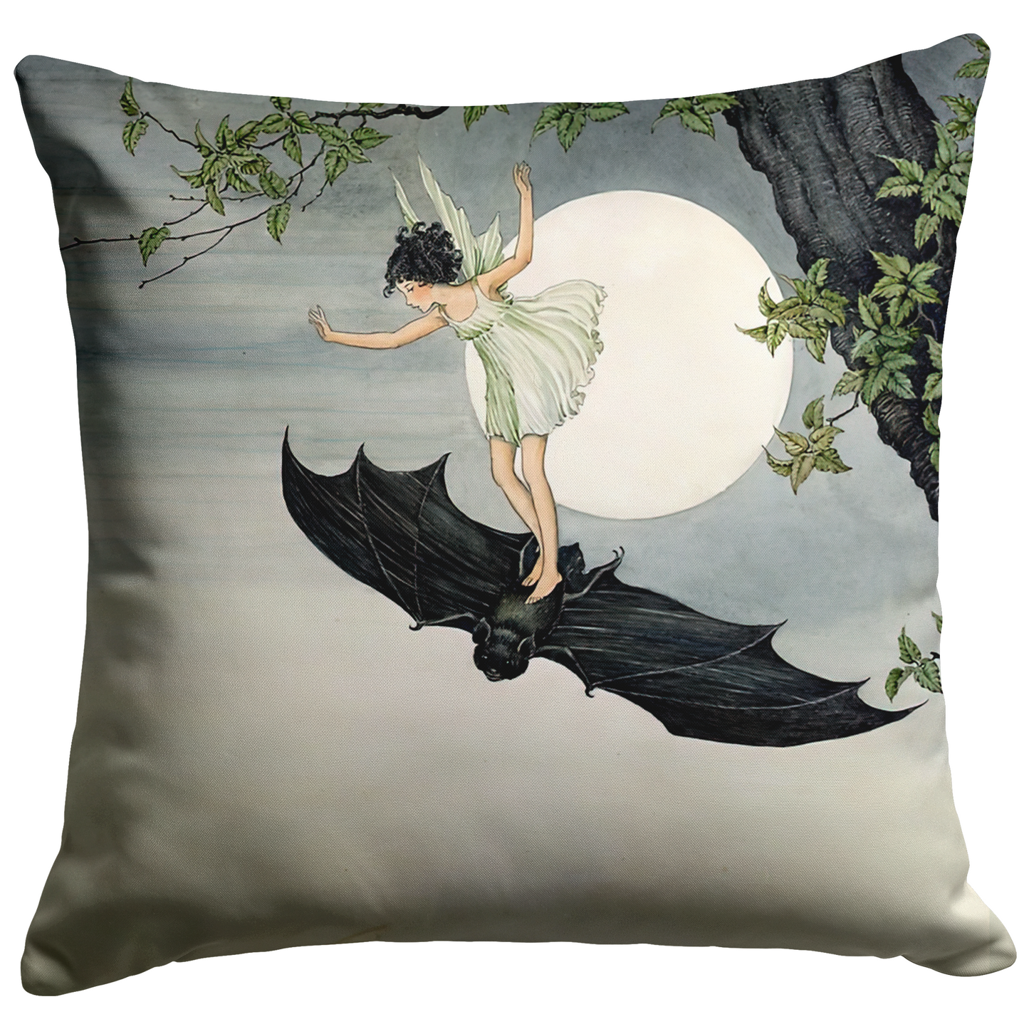 "Fairy Riding a Bat" Throw Pillow