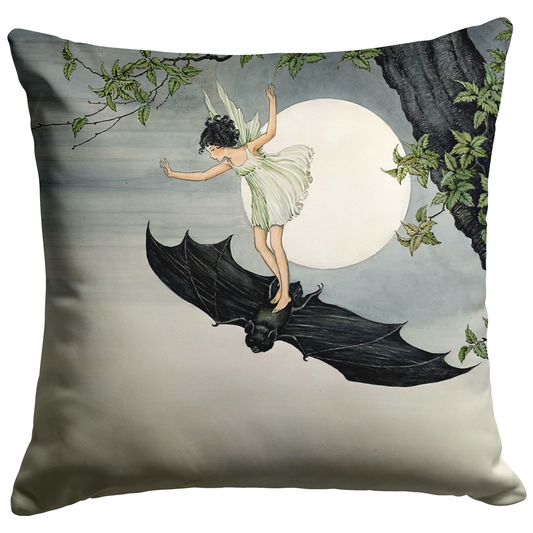 "Fairy Riding a Bat" Throw Pillow