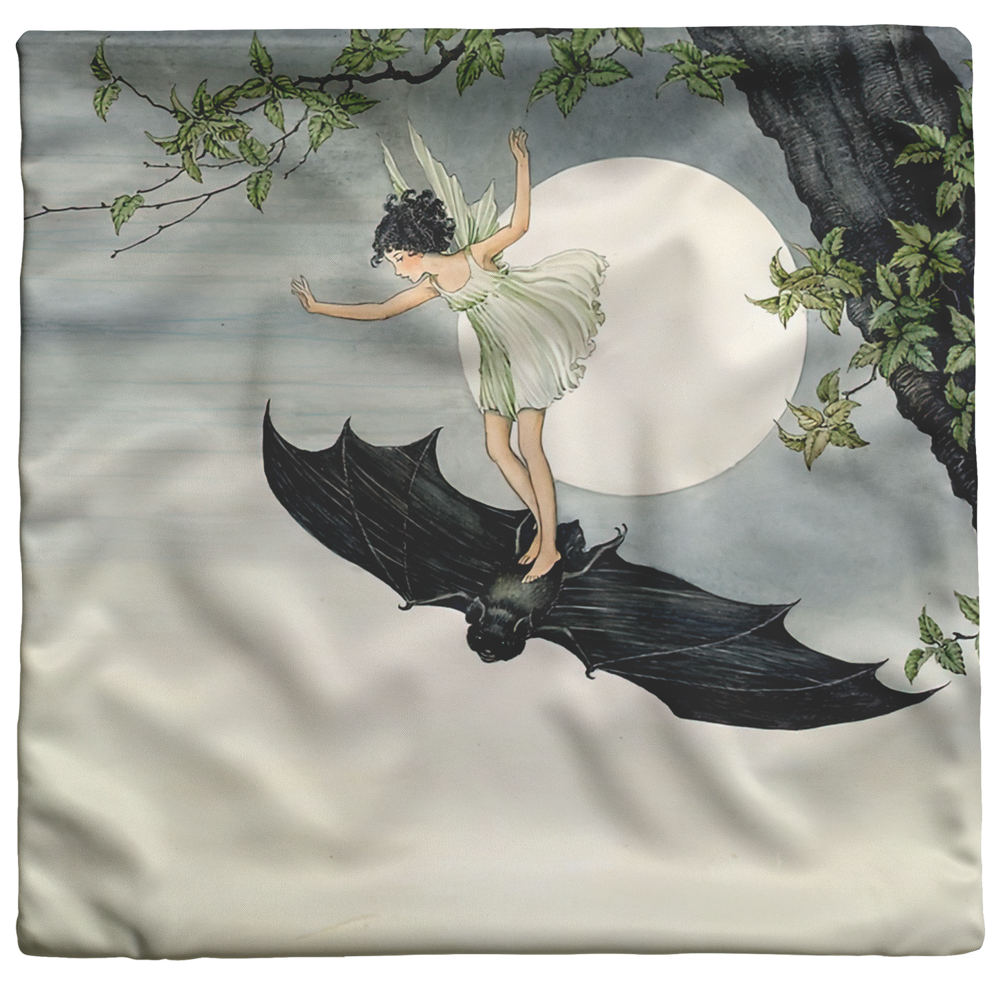 "Fairy Riding a Bat" Throw Pillow
