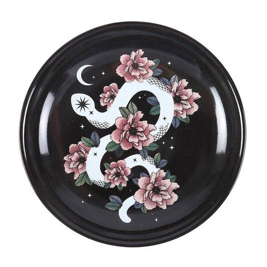 Snake & Flower Celestial Trinket Dish - Mystical White Serpent & Pink Flower Jewelry Holder, Gothic Home Decor & Witchy Accessories