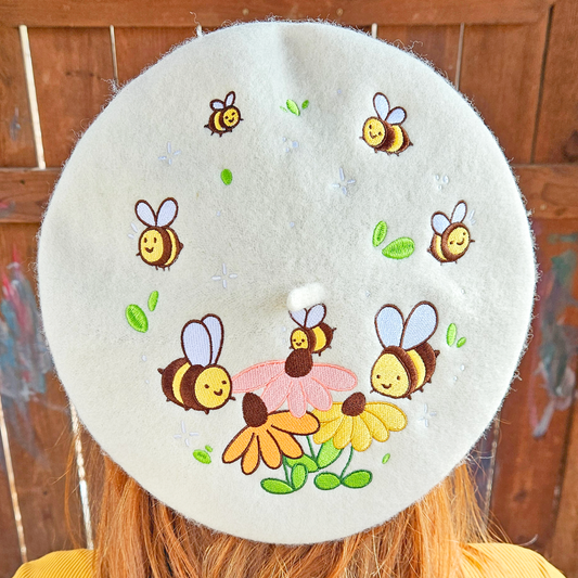 Flowers and Bee Pollinator Garden Embroidered Beret - Concordia Style Boutique