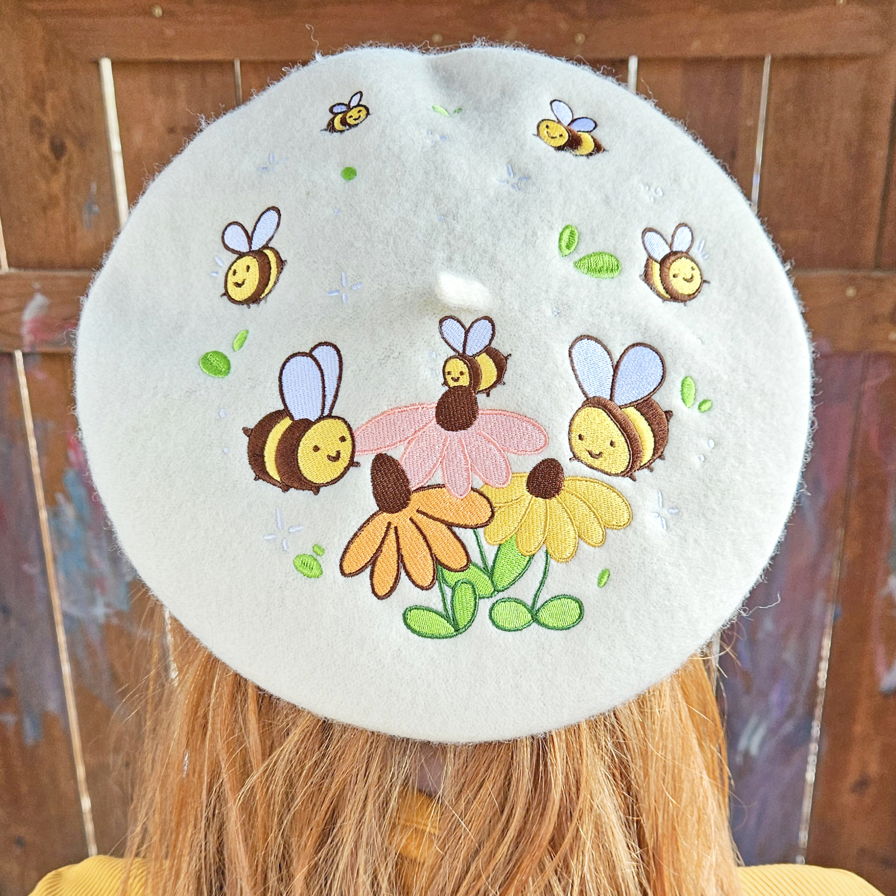Flowers and Bee Pollinator Garden Embroidered Beret - Concordia Style Boutique