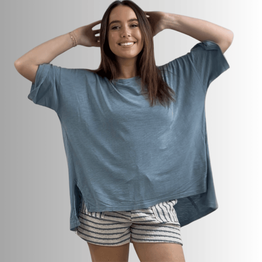 Aubree Cotton Garment Dyed Slub Top in Light Steel Blue - Concordia Style Boutique